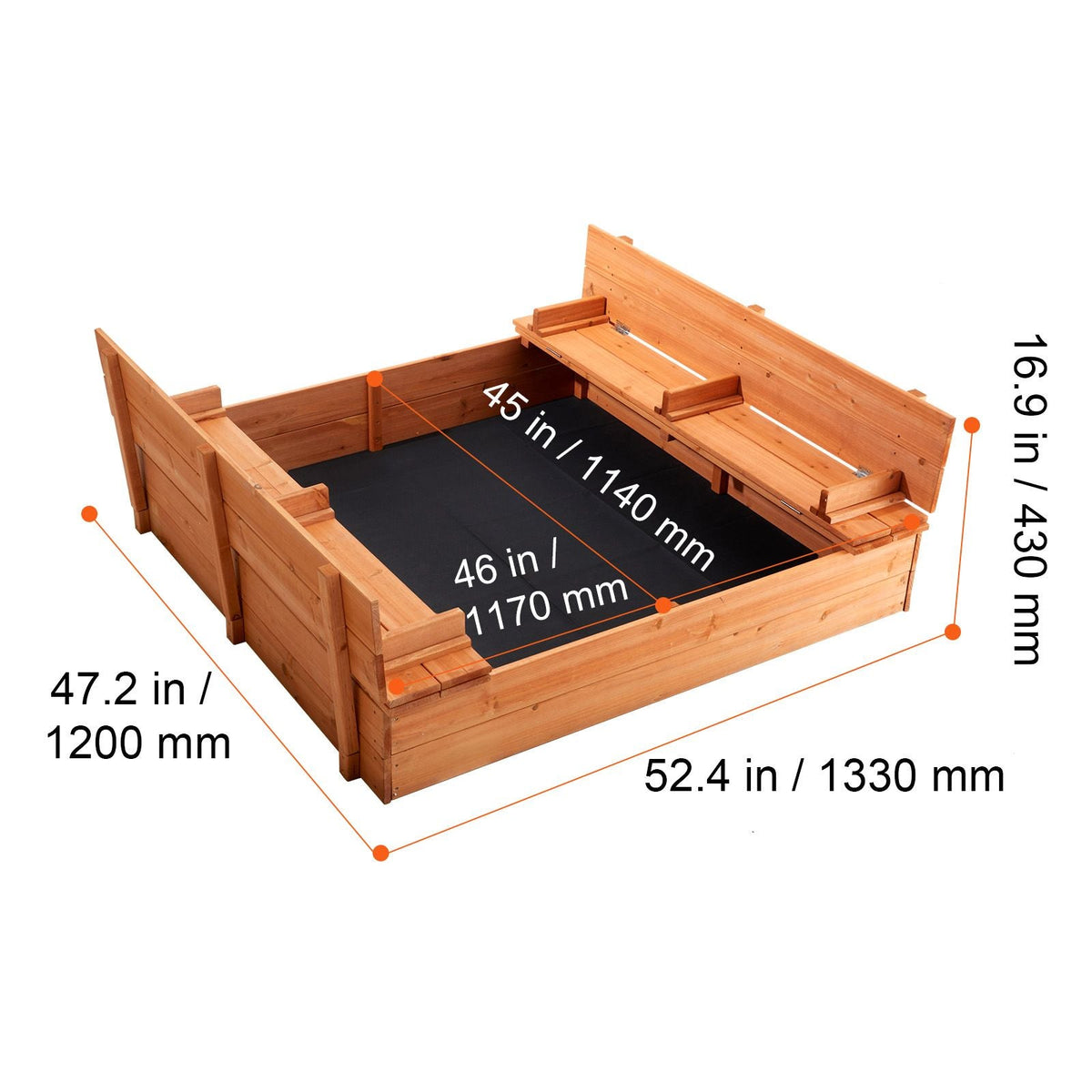 Wooden Sandbox, 52.4 x 47.2 x 16.9 in Sand Box, Sand Pit with Foldable Bench Seats and Bottom Liner, Natural Wood Kids Sandbox for Outdoor Backyard, Beach, Park, Gift for Boys Girls Ages 3-12