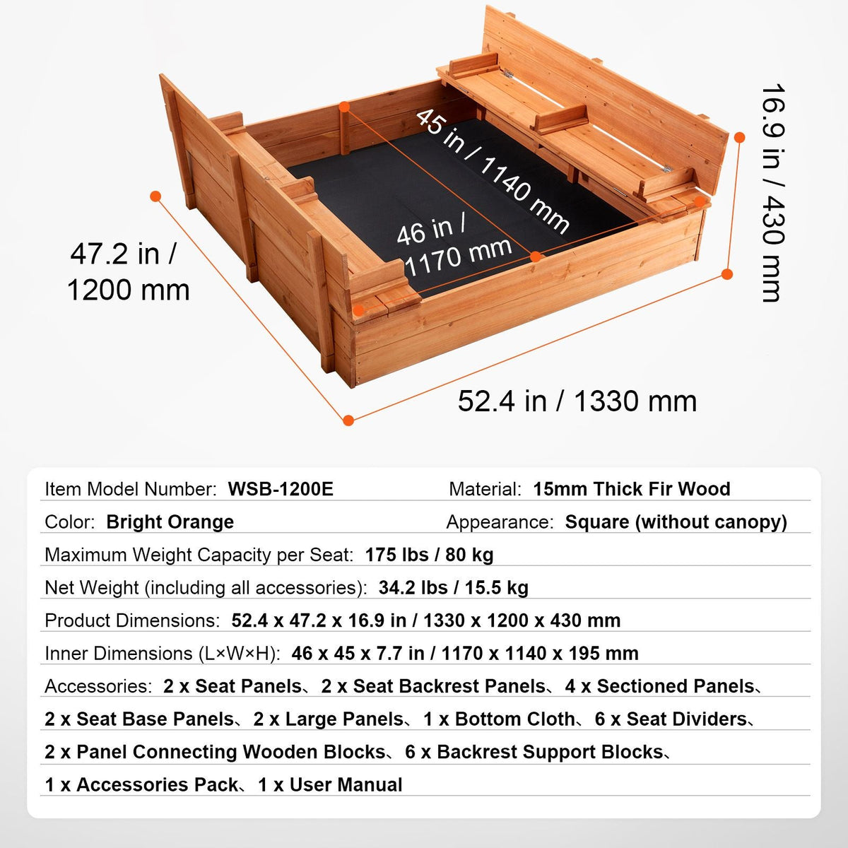 Wooden Sandbox, 52.4 x 47.2 x 16.9 in Sand Box, Sand Pit with Foldable Bench Seats and Bottom Liner, Natural Wood Kids Sandbox for Outdoor Backyard, Beach, Park, Gift for Boys Girls Ages 3-12