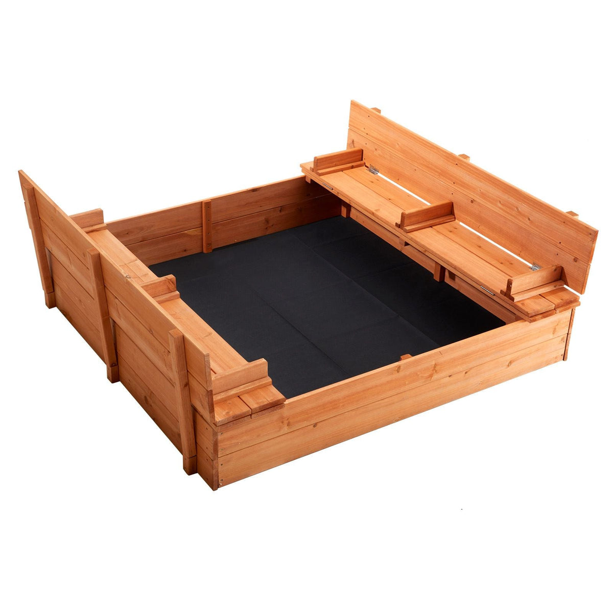 Wooden Sandbox, 52.4 x 47.2 x 16.9 in Sand Box, Sand Pit with Foldable Bench Seats and Bottom Liner, Natural Wood Kids Sandbox for Outdoor Backyard, Beach, Park, Gift for Boys Girls Ages 3-12