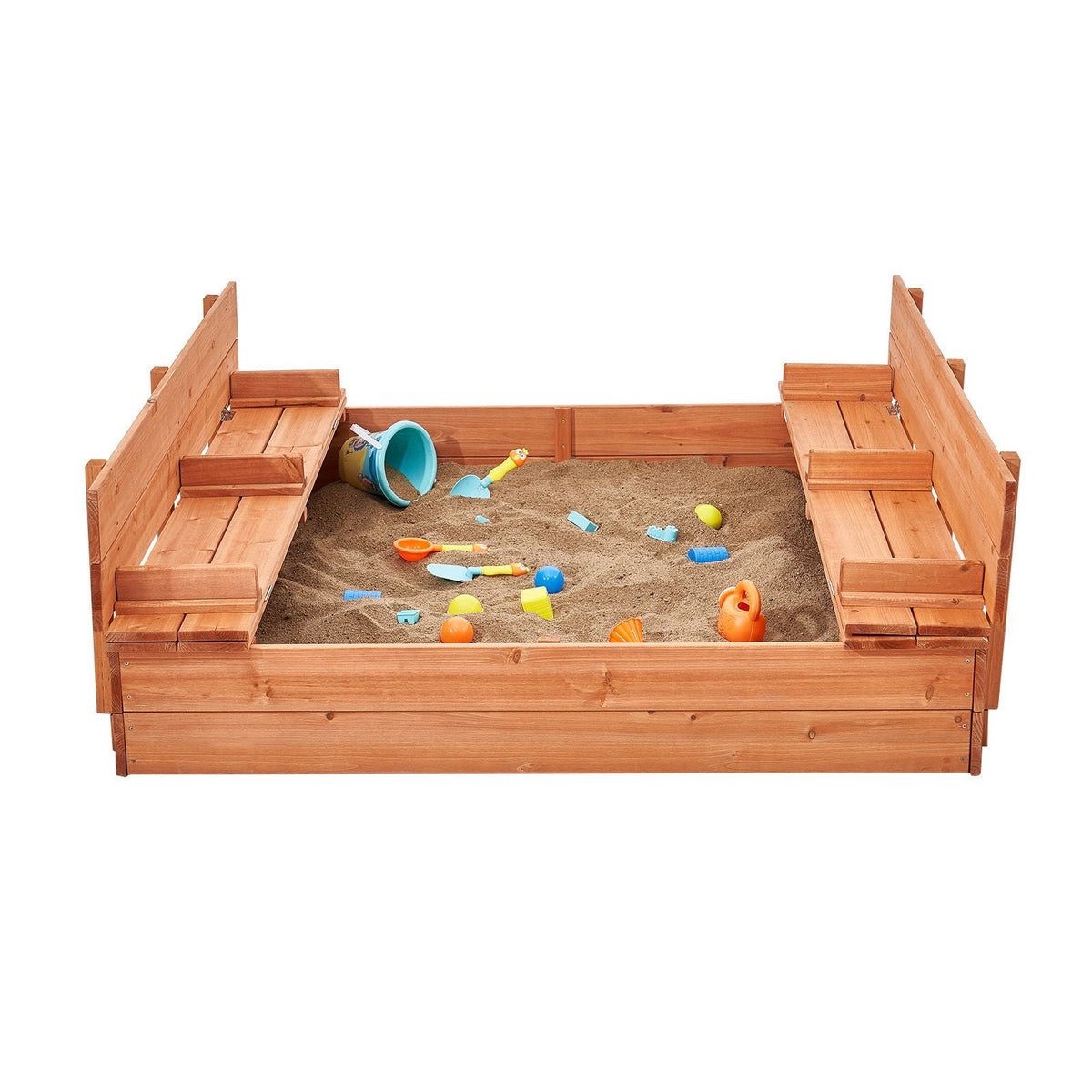 Wooden Sandbox, 52.4 x 47.2 x 16.9 in Sand Box, Sand Pit with Foldable Bench Seats and Bottom Liner, Natural Wood Kids Sandbox for Outdoor Backyard, Beach, Park, Gift for Boys Girls Ages 3-12