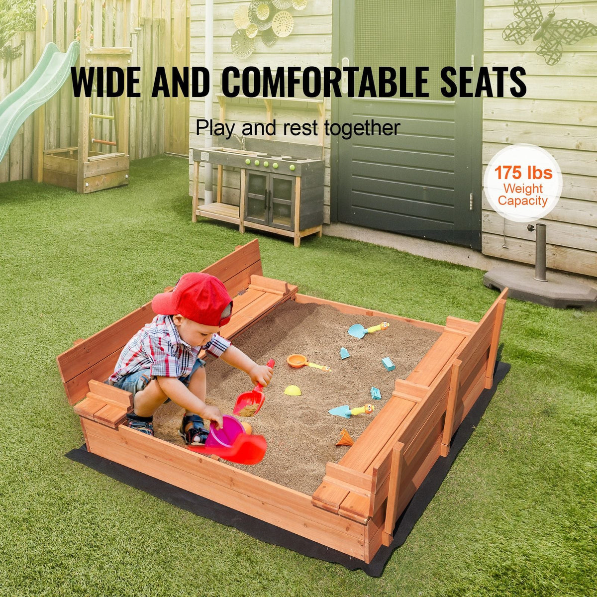 Wooden Sandbox, 52.4 x 47.2 x 16.9 in Sand Box, Sand Pit with Foldable Bench Seats and Bottom Liner, Natural Wood Kids Sandbox for Outdoor Backyard, Beach, Park, Gift for Boys Girls Ages 3-12