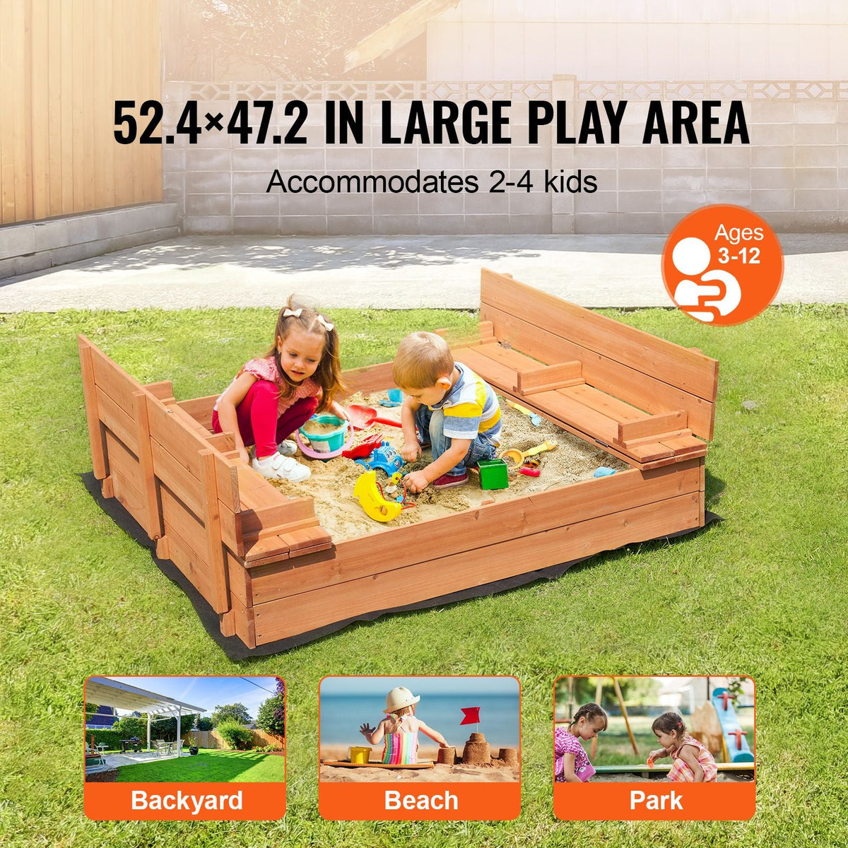 Wooden Sandbox, 52.4 x 47.2 x 16.9 in Sand Box, Sand Pit with Foldable Bench Seats and Bottom Liner, Natural Wood Kids Sandbox for Outdoor Backyard, Beach, Park, Gift for Boys Girls Ages 3-12