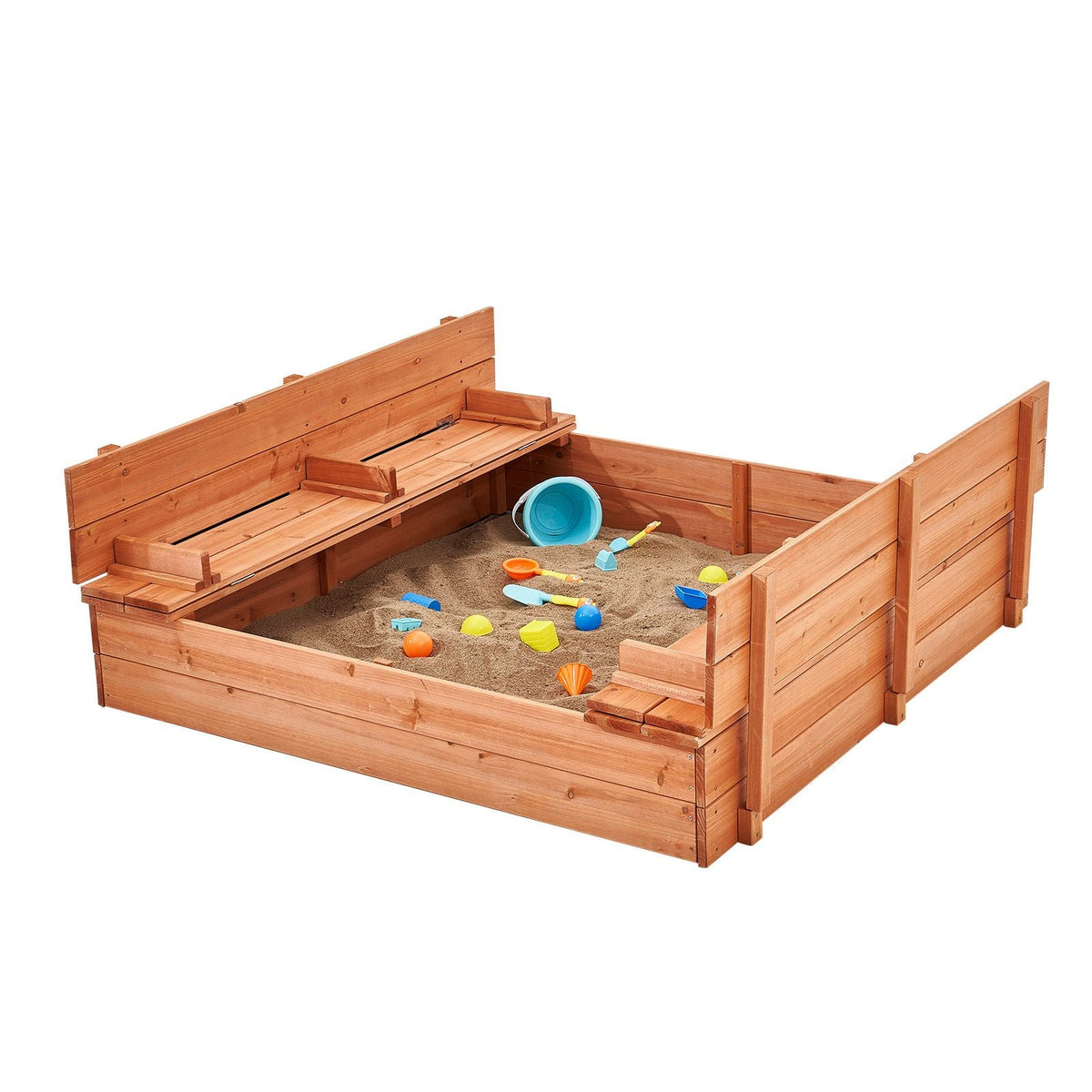 Wooden Sandbox, 52.4 x 47.2 x 16.9 in Sand Box, Sand Pit with Foldable Bench Seats and Bottom Liner, Natural Wood Kids Sandbox for Outdoor Backyard, Beach, Park, Gift for Boys Girls Ages 3-12