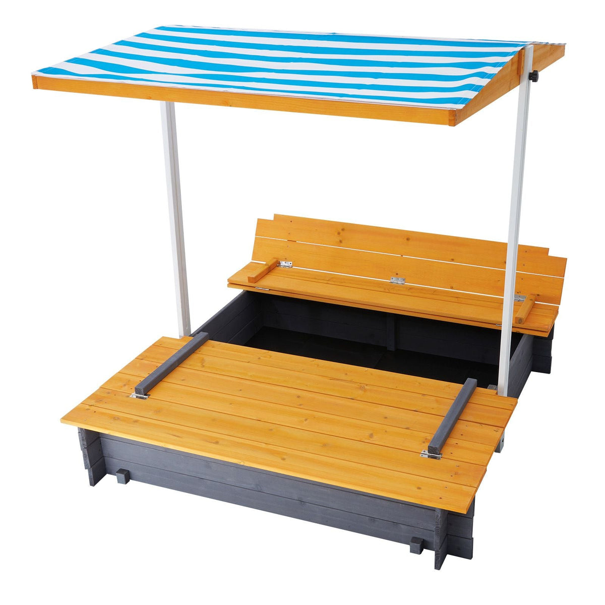 Wooden Sandbox with Canopy, 57.3 x 47.2 x 47.2 in Sand Box, Sand Pit with Foldable Bench Seats and Bottom Liner, Natural Wood Kids Sandbox for Outdoor Backyard, Beach, Park, Gift for Ages 3-12