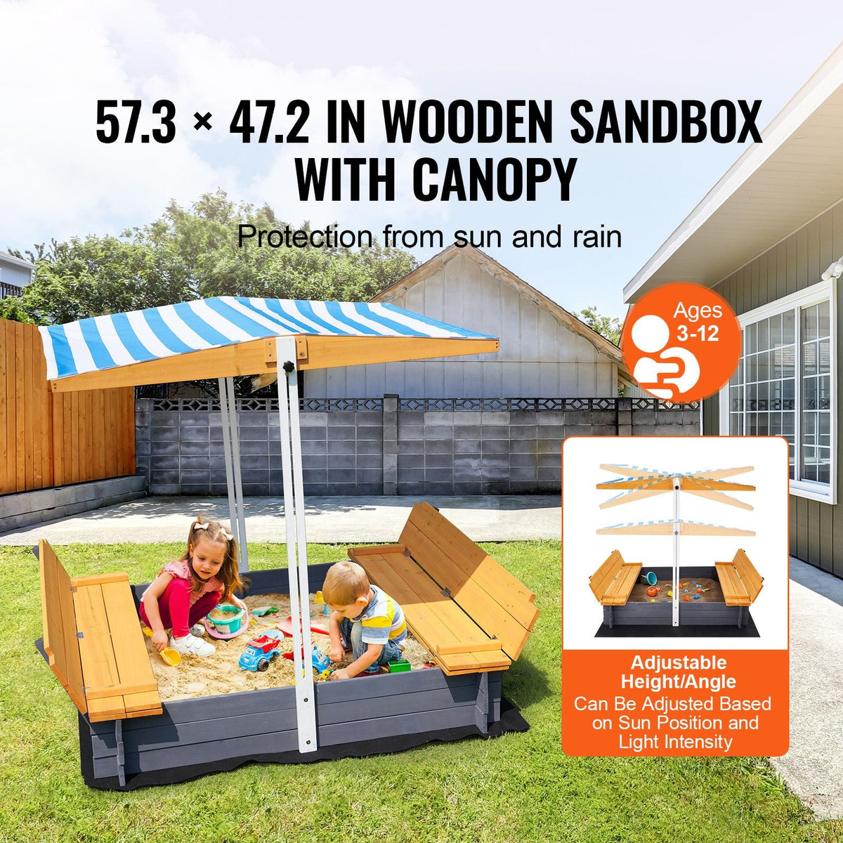 Wooden Sandbox with Canopy, 57.3 x 47.2 x 47.2 in Sand Box, Sand Pit with Foldable Bench Seats and Bottom Liner, Natural Wood Kids Sandbox for Outdoor Backyard, Beach, Park, Gift for Ages 3-12