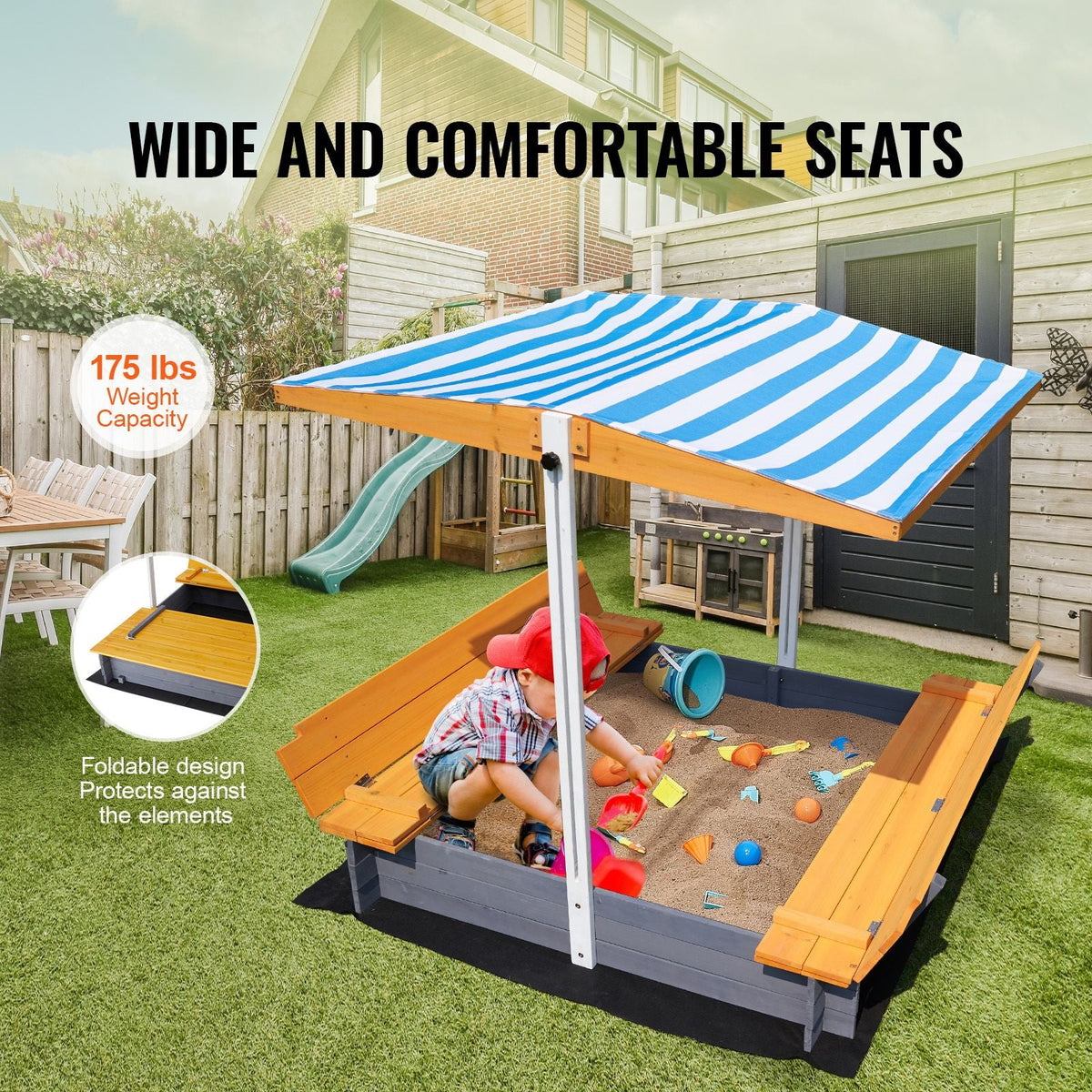 Wooden Sandbox with Canopy, 57.3 x 47.2 x 47.2 in Sand Box, Sand Pit with Foldable Bench Seats and Bottom Liner, Natural Wood Kids Sandbox for Outdoor Backyard, Beach, Park, Gift for Ages 3-12