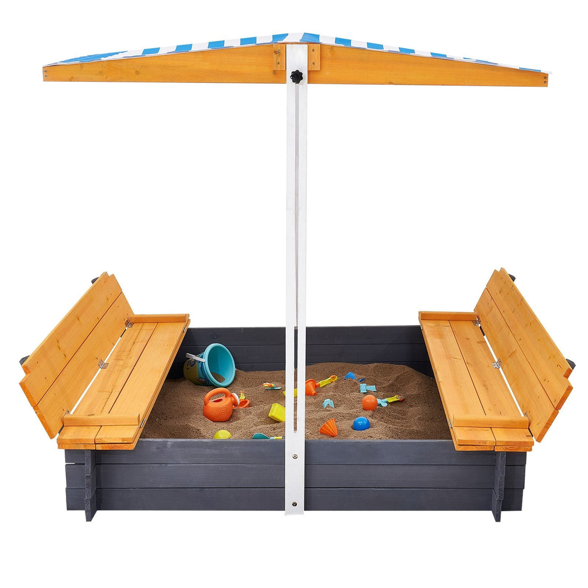 Wooden Sandbox with Canopy, 57.3 x 47.2 x 47.2 in Sand Box, Sand Pit with Foldable Bench Seats and Bottom Liner, Natural Wood Kids Sandbox for Outdoor Backyard, Beach, Park, Gift for Ages 3-12