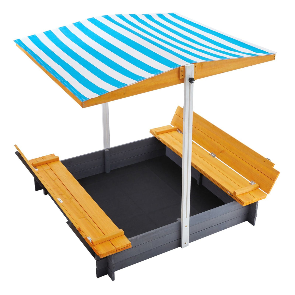 Wooden Sandbox with Canopy, 57.3 x 47.2 x 47.2 in Sand Box, Sand Pit with Foldable Bench Seats and Bottom Liner, Natural Wood Kids Sandbox for Outdoor Backyard, Beach, Park, Gift for Ages 3-12