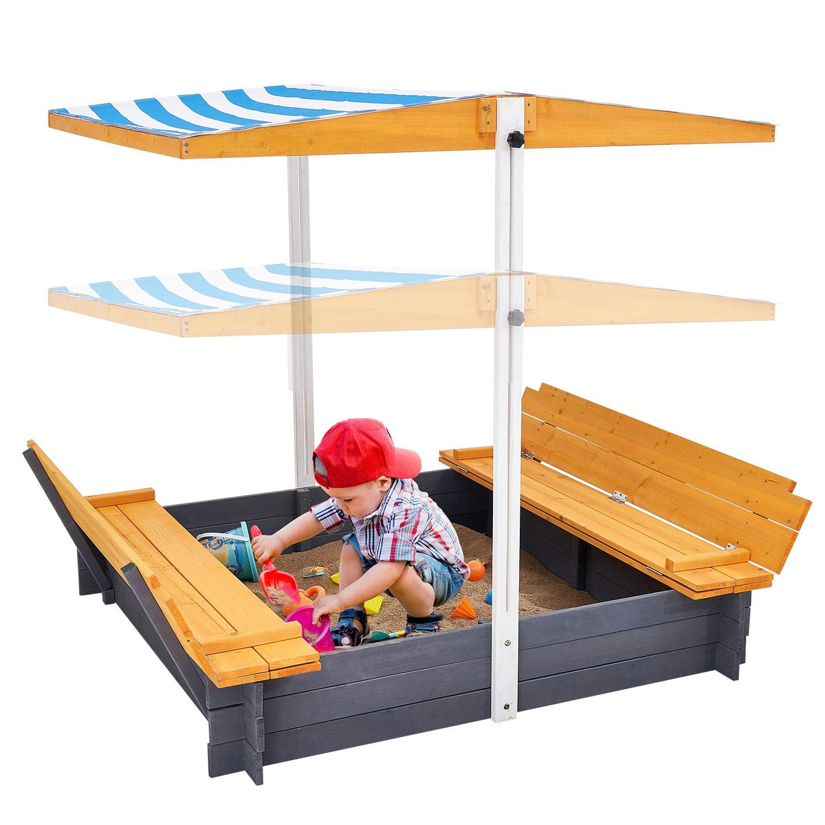 Wooden Sandbox with Canopy, 57.3 x 47.2 x 47.2 in Sand Box, Sand Pit with Foldable Bench Seats and Bottom Liner, Natural Wood Kids Sandbox for Outdoor Backyard, Beach, Park, Gift for Ages 3-12