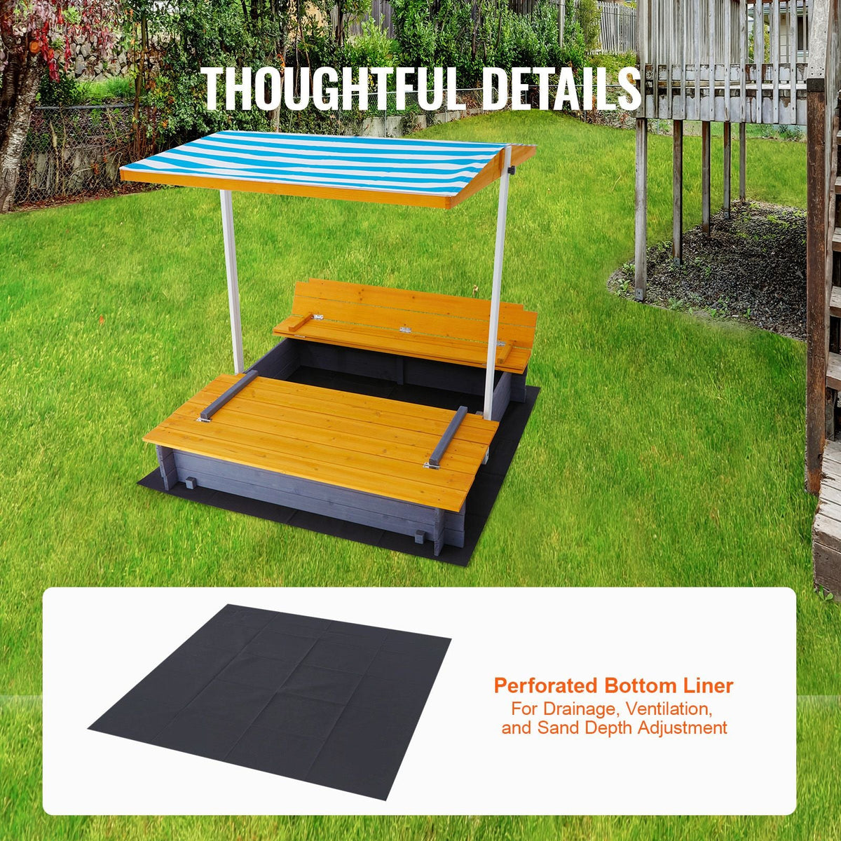 Wooden Sandbox with Canopy, 57.3 x 47.2 x 47.2 in Sand Box, Sand Pit with Foldable Bench Seats and Bottom Liner, Natural Wood Kids Sandbox for Outdoor Backyard, Beach, Park, Gift for Ages 3-12