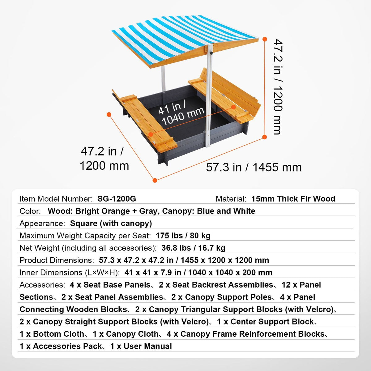 Wooden Sandbox with Canopy, 57.3 x 47.2 x 47.2 in Sand Box, Sand Pit with Foldable Bench Seats and Bottom Liner, Natural Wood Kids Sandbox for Outdoor Backyard, Beach, Park, Gift for Ages 3-12