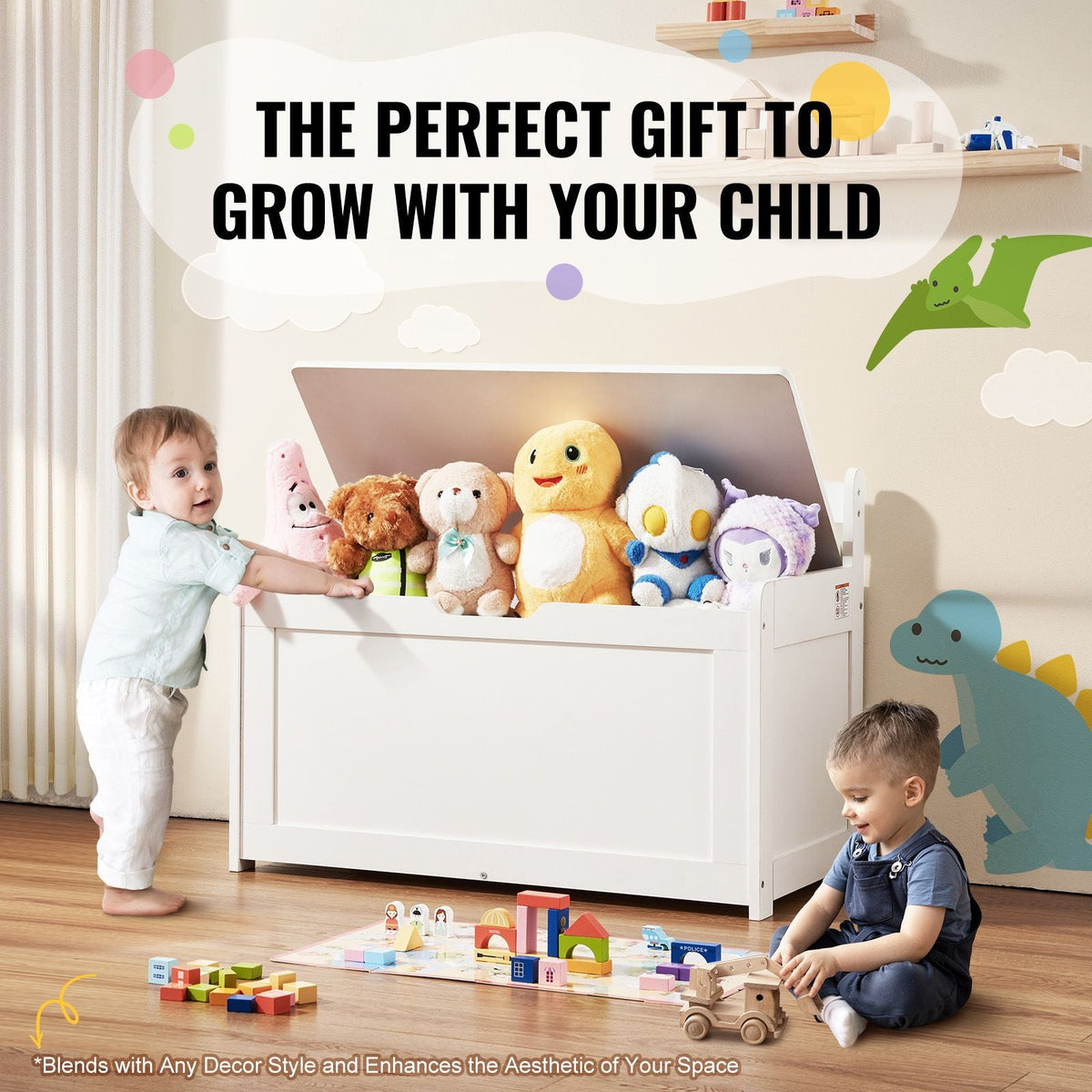 Wooden Toy Chest for Kids, Toddler Toy Storage Box with Flip-Top Lid and Safety Hinge, 32.68 x 17.91 x 24.02" Large Kids Storage Bench for Playroom, Bedroom, Living Room or Entryway, White