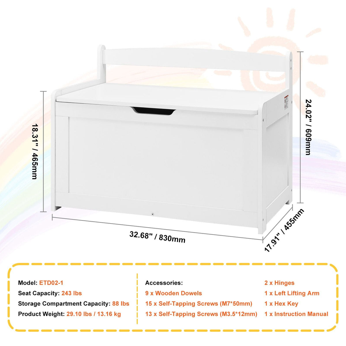 Wooden Toy Chest for Kids, Toddler Toy Storage Box with Flip-Top Lid and Safety Hinge, 32.68 x 17.91 x 24.02" Large Kids Storage Bench for Playroom, Bedroom, Living Room or Entryway, White