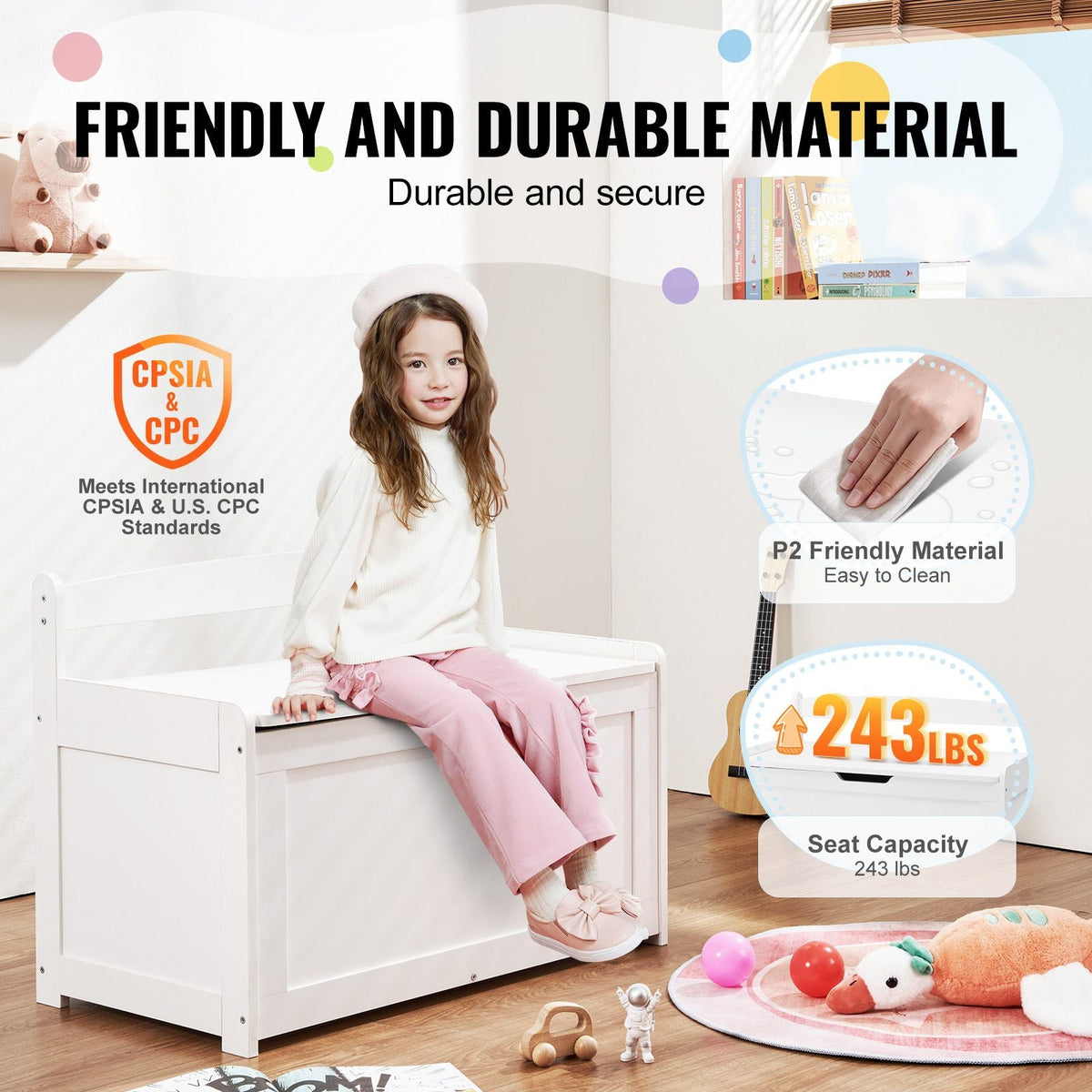Wooden Toy Chest for Kids, Toddler Toy Storage Box with Flip-Top Lid and Safety Hinge, 32.68 x 17.91 x 24.02" Large Kids Storage Bench for Playroom, Bedroom, Living Room or Entryway, White