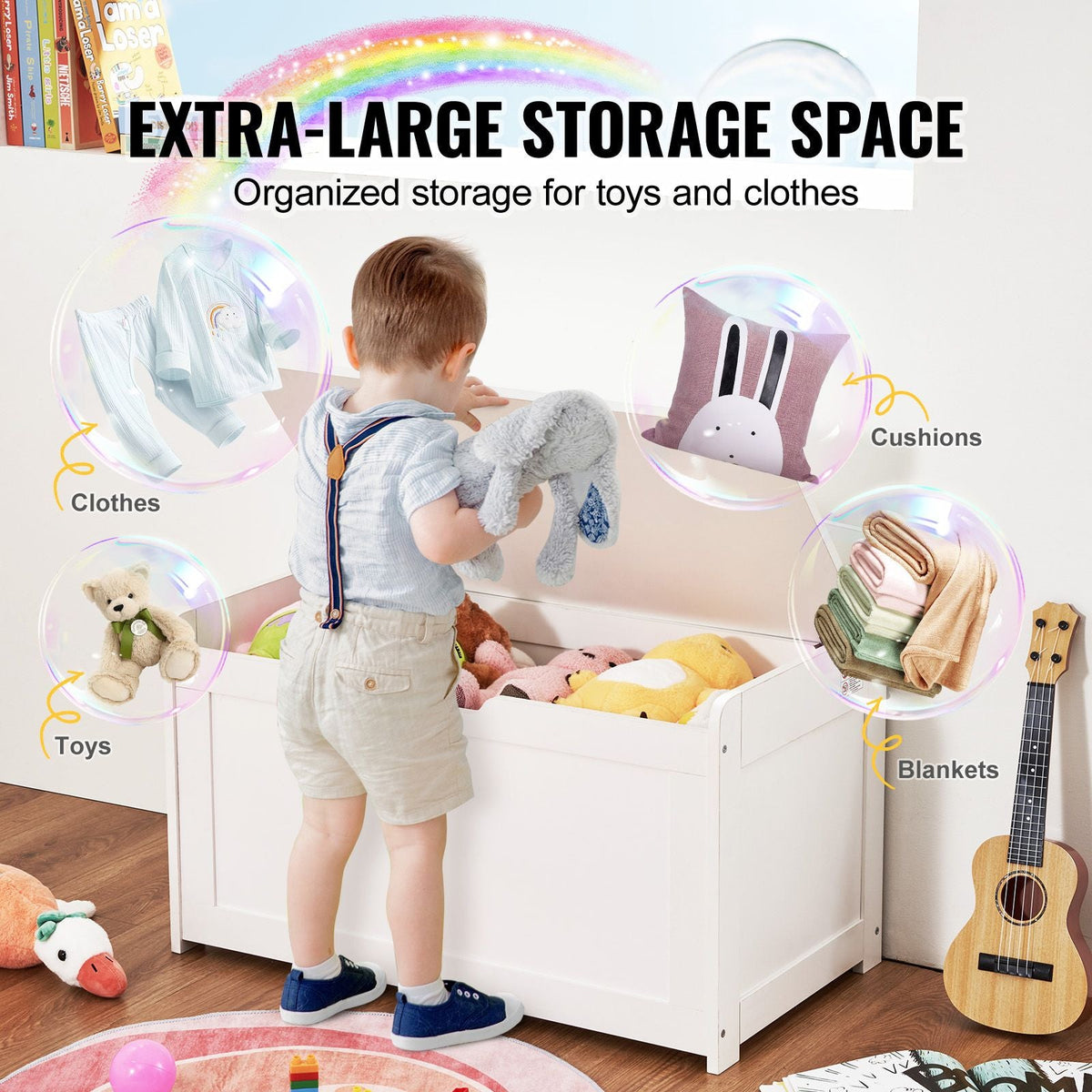 Wooden Toy Chest for Kids, Toddler Toy Storage Box with Flip-Top Lid and Safety Hinge, 32.68 x 17.91 x 24.02" Large Kids Storage Bench for Playroom, Bedroom, Living Room or Entryway, White