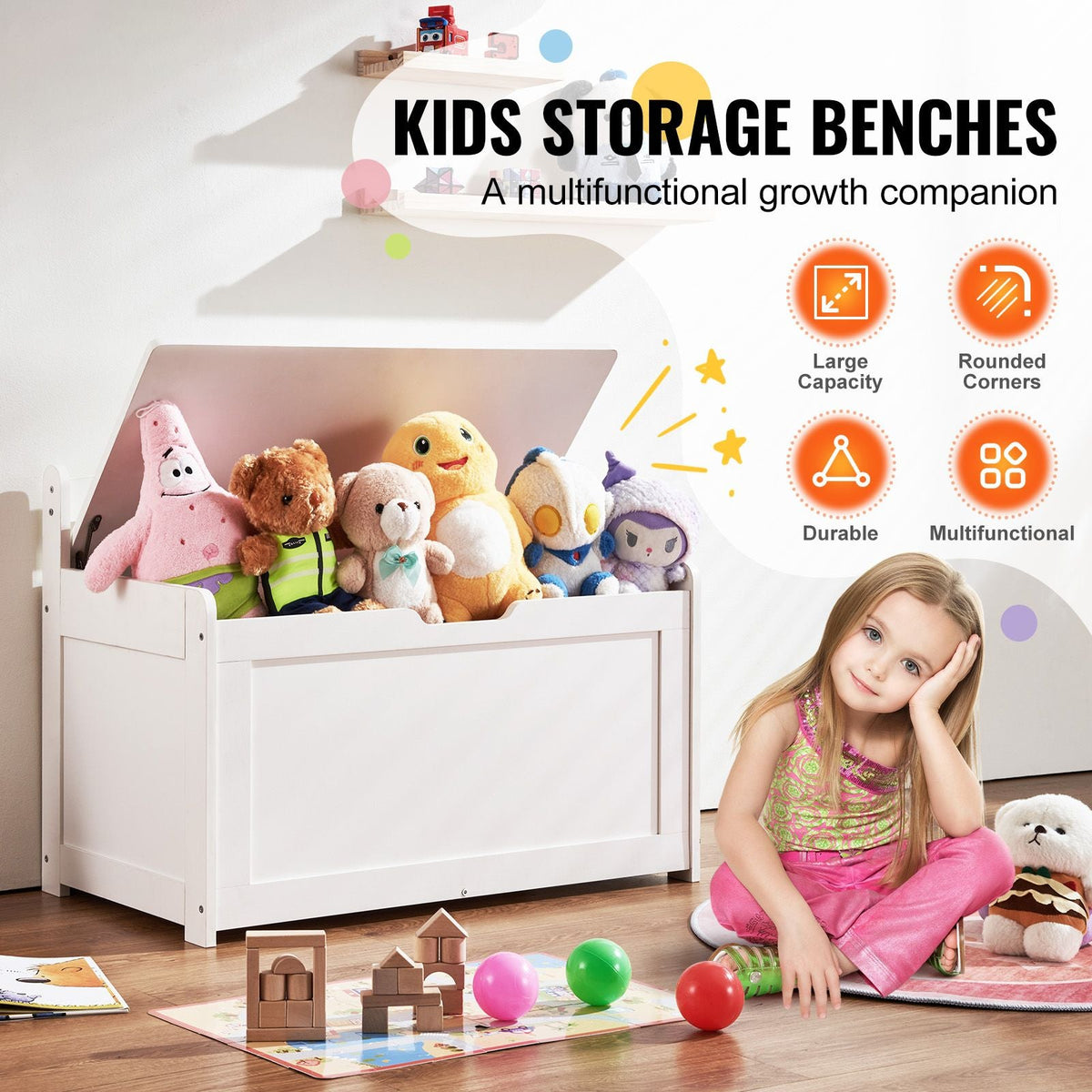 Wooden Toy Chest for Kids, Toddler Toy Storage Box with Flip-Top Lid and Safety Hinge, 32.68 x 17.91 x 24.02" Large Kids Storage Bench for Playroom, Bedroom, Living Room or Entryway, White
