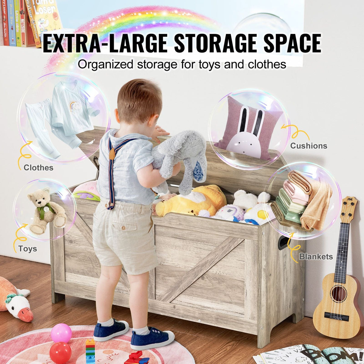 Wooden Toy Chest for Kids, Toddler Toy Storage Box with Flip-Top Lid and Safety Hinge, 38.98 x 15.55 x 18.9" Large Kids Storage Bench for Playroom, Bedroom, Living Room or Entryway, Gray