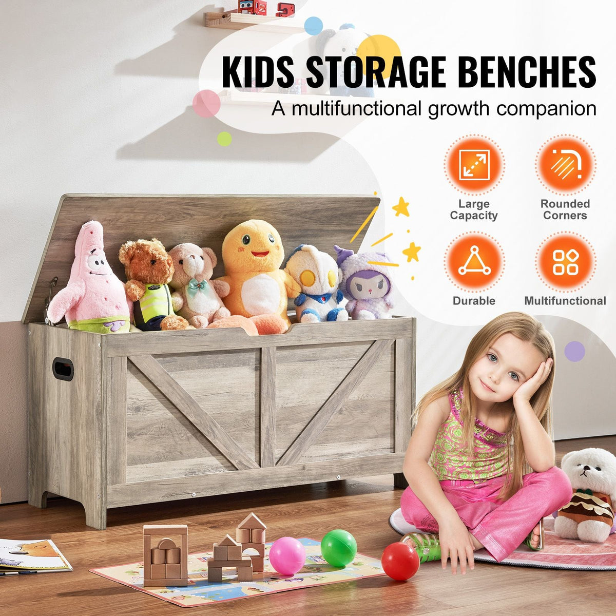 Wooden Toy Chest for Kids, Toddler Toy Storage Box with Flip-Top Lid and Safety Hinge, 38.98 x 15.55 x 18.9" Large Kids Storage Bench for Playroom, Bedroom, Living Room or Entryway, Gray