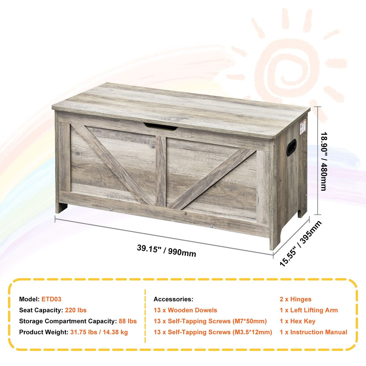 Wooden Toy Chest for Kids, Toddler Toy Storage Box with Flip-Top Lid and Safety Hinge, 38.98 x 15.55 x 18.9" Large Kids Storage Bench for Playroom, Bedroom, Living Room or Entryway, Gray