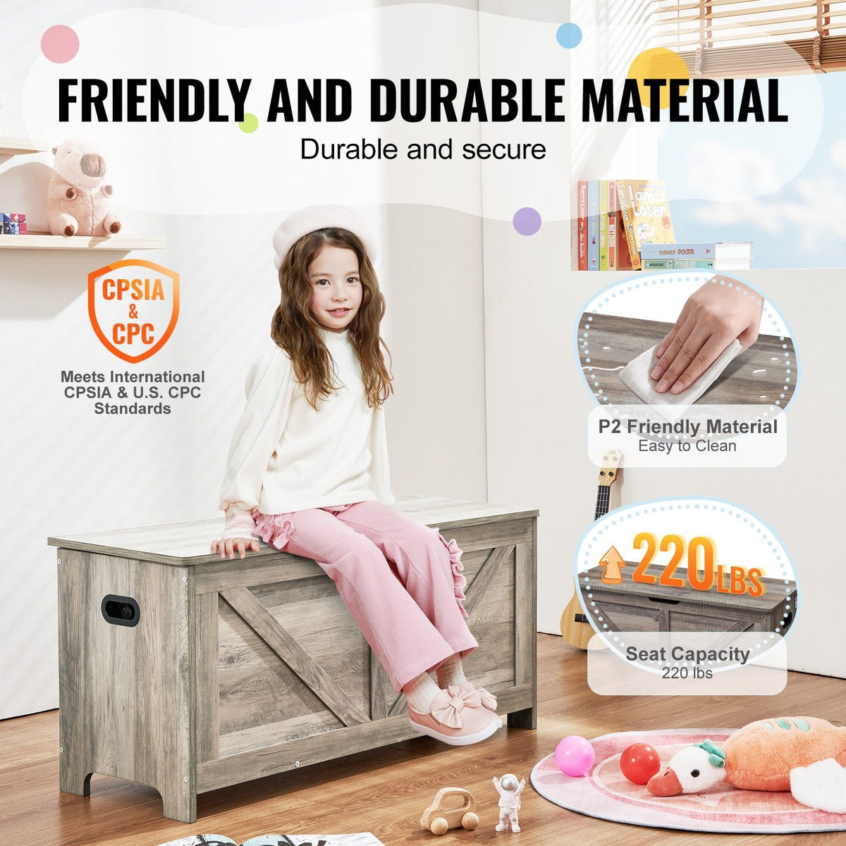 Wooden Toy Chest for Kids, Toddler Toy Storage Box with Flip-Top Lid and Safety Hinge, 38.98 x 15.55 x 18.9" Large Kids Storage Bench for Playroom, Bedroom, Living Room or Entryway, Gray