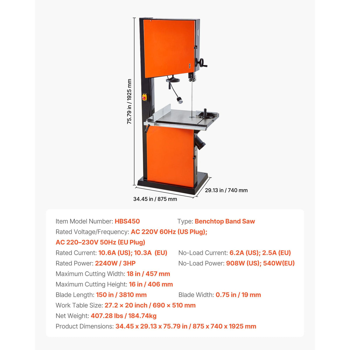 Woodworking Bandsaw, 18-Inch, Band Saw with 2240W 3HP Motor, 16-Inch Maximum Cutting Height, 27.2 x 20 in Cast Iron Table, with 360° Work Light, Miter Gauge, Fence, Band Saw for Woodworking