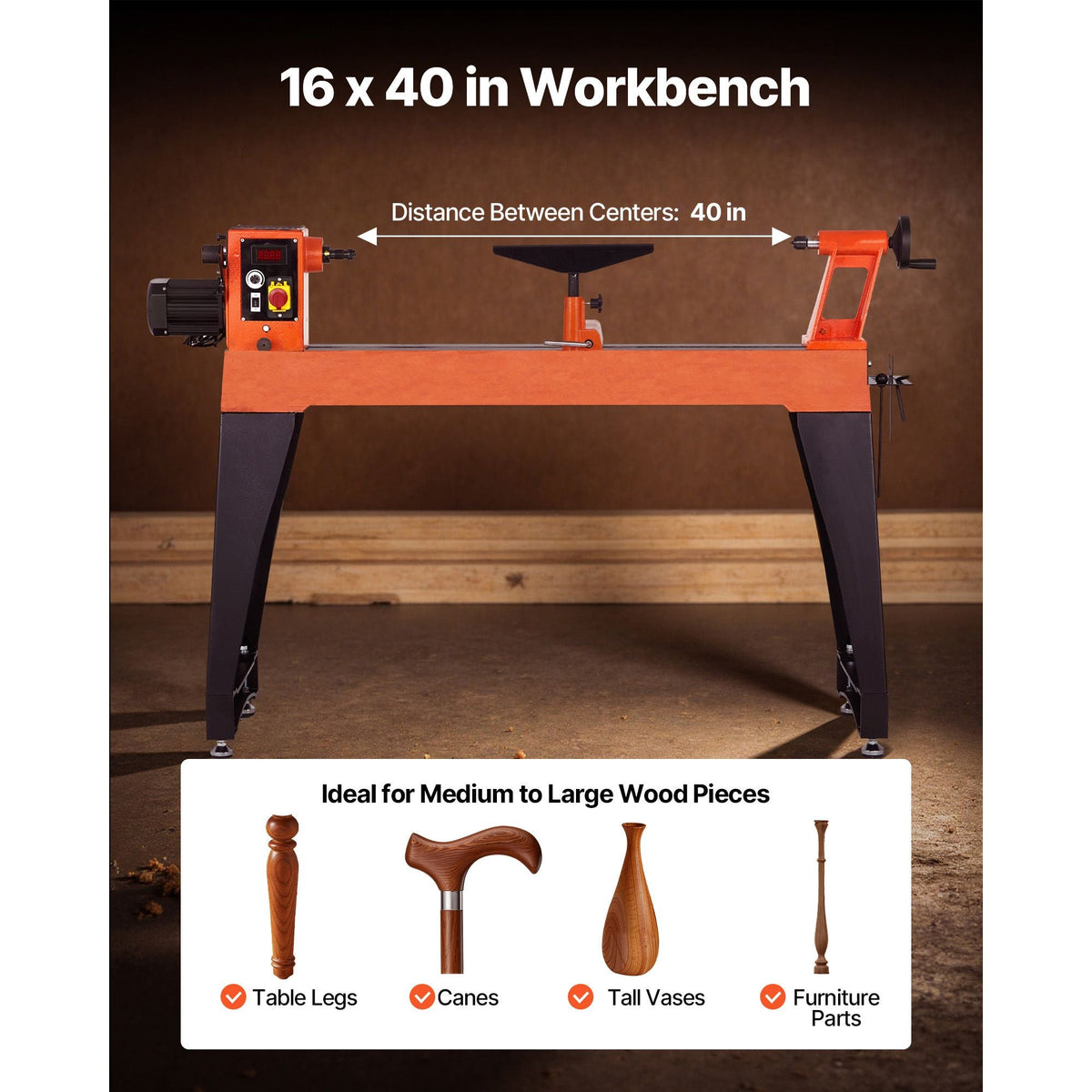 Woodworking Lathe, 1.5 HP, Wood Lathe Machine with 0 to 3200 RPM Variable Speed, 16 x 40 in Workbench, Brushless DC Motor, Cast Iron Body, Tool Rest, for Medium to Large Projects Woodworking