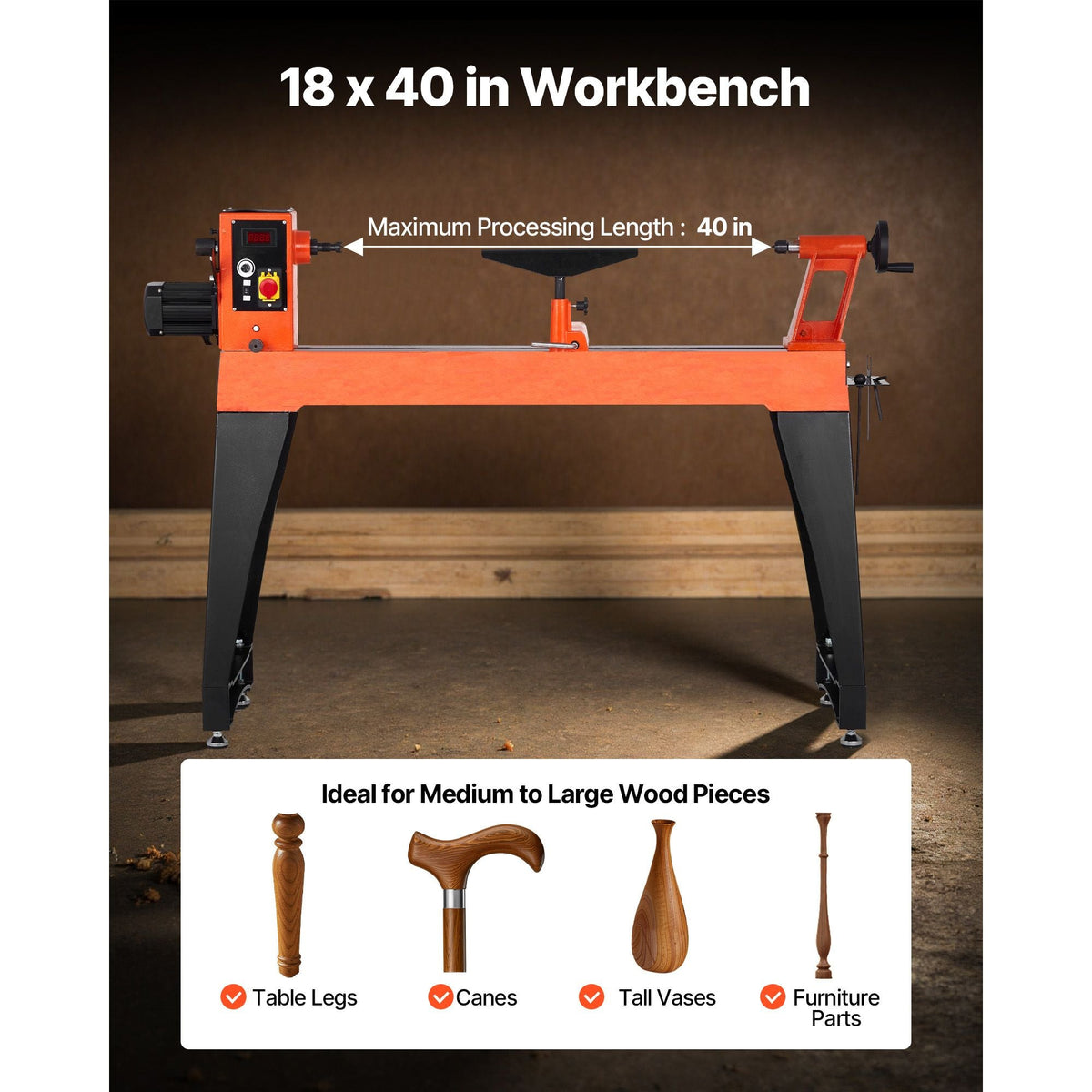 Woodworking Lathe, 2 HP, Wood Lathe Machine with 0 to 3200 RPM Variable Speed, 18 x 40 in Workbench, Brushless DC Motor, Cast Iron Body, Tool Rest, for Medium to Large Projects Woodworking