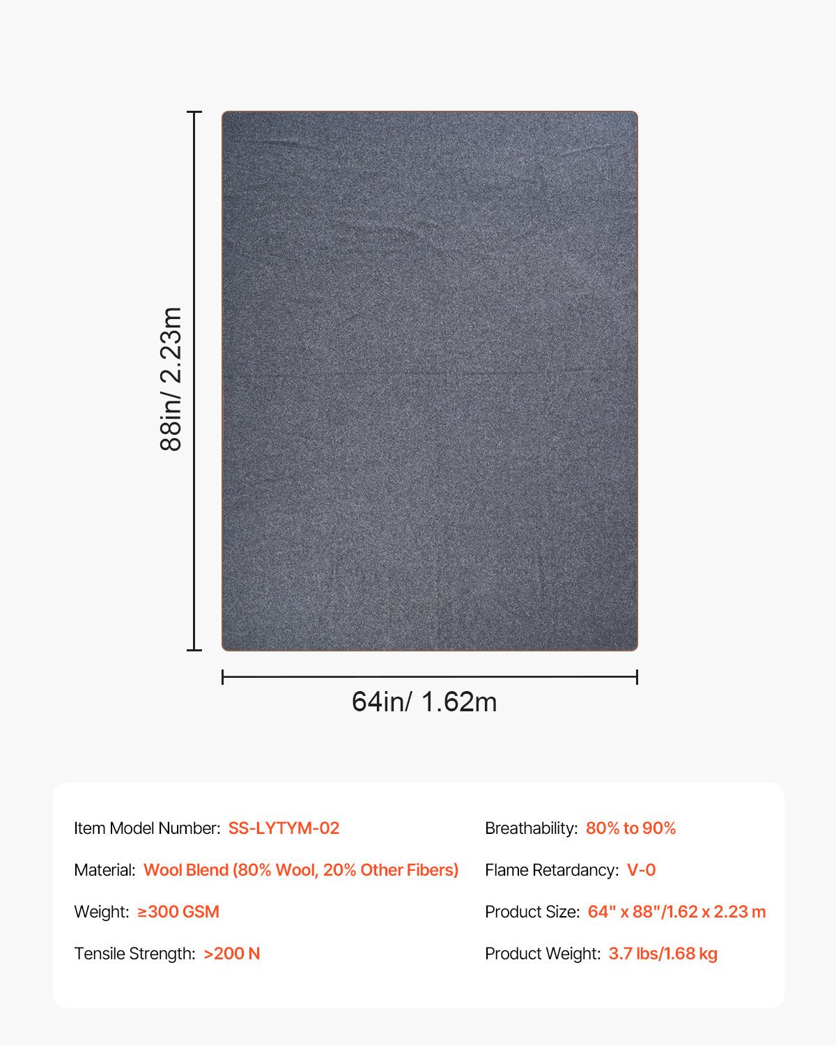 Wool Camping Blanket, Large Warm Stadium Blanket, Waterproof & Windproof, Flame Retardant, Great for Outdoors, Picnics, Hiking, Sports Events, Travel, 64" x 88" (80% Wool), Light Grey