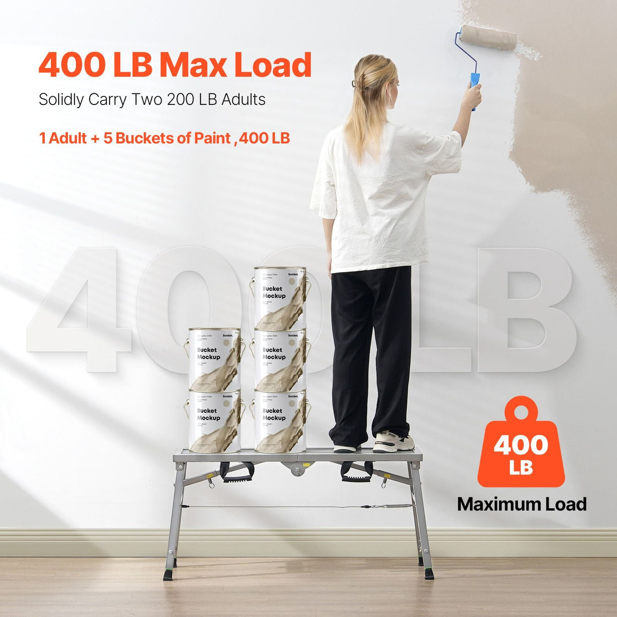 Work Platform, 3 Gear Adjustable Height, Folding Alloy Steel Step Ladder, Portable Scaffolding Platform, 400 lb Load Capacity, Non-Slip Rubber Feet, Drywall Painting Stool, for Cleaning &Washing