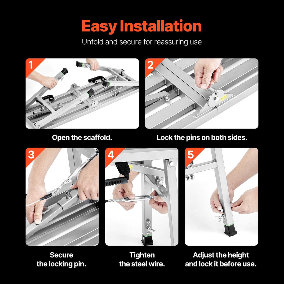 Work Platform, 3 Gear Adjustable Height, Folding Alloy Steel Step Ladder, Portable Scaffolding Platform, 400 lb Load Capacity, Non-Slip Rubber Feet, Drywall Painting Stool, for Cleaning &Washing