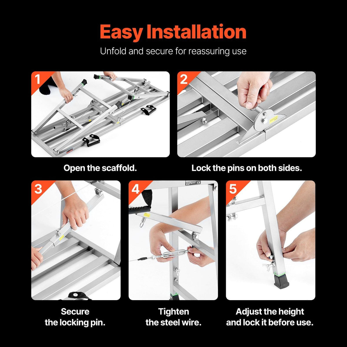 Work Platform, 4 Gear Adjustable Height, Folding Alloy Steel Step Ladder, Portable Scaffolding Platform, 800 lb Load Capacity, Non-Slip Rubber Feet, Drywall Painting Stool, Cleaning & Washing