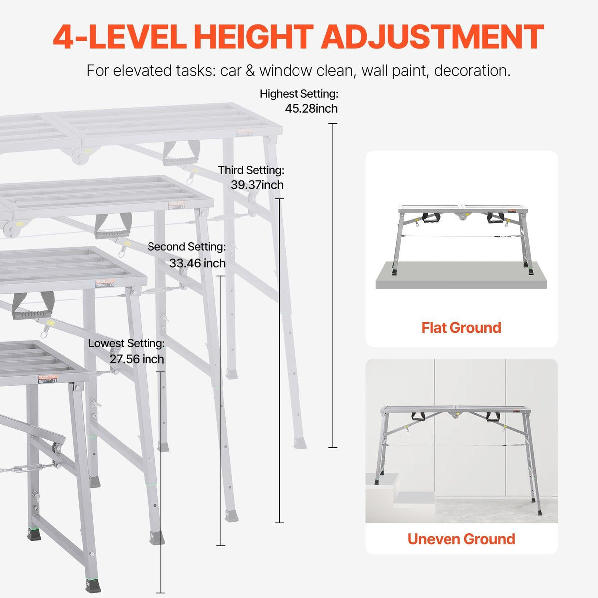 Work Platform, 4 Gear Adjustable Height, Folding Alloy Steel Step Ladder, Portable Scaffolding Platform, 800 lb Load Capacity, Non-Slip Rubber Feet, Drywall Painting Stool, Cleaning & Washing