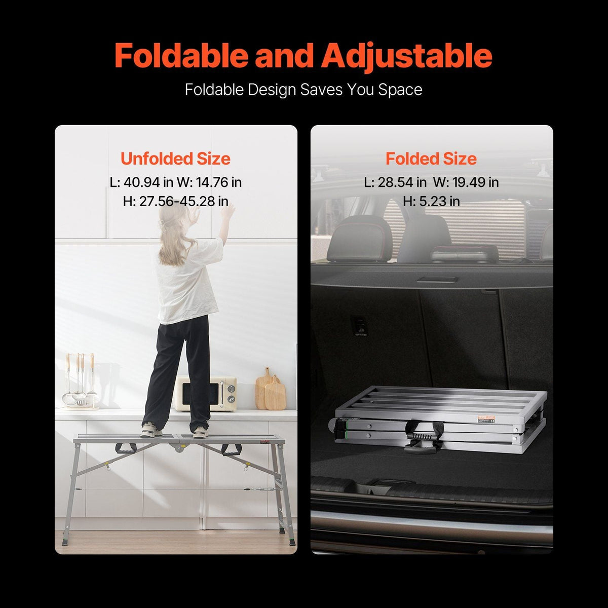 Work Platform, 4 Gear Adjustable Height, Folding Alloy Steel Step Ladder, Portable Scaffolding Platform, 800 lb Load Capacity, Non-Slip Rubber Feet, Drywall Painting Stool, Cleaning & Washing
