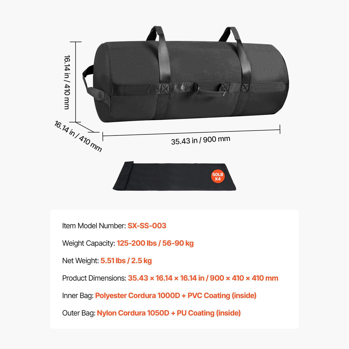Workout Sandbag, Heavy Duty Workout Power Bags with Handles, 125-200 lbs Adjustable Slam Bag for Fitness Strength Weight Training Cross-Training, Home Gym Exercise, Black (Unfilled)