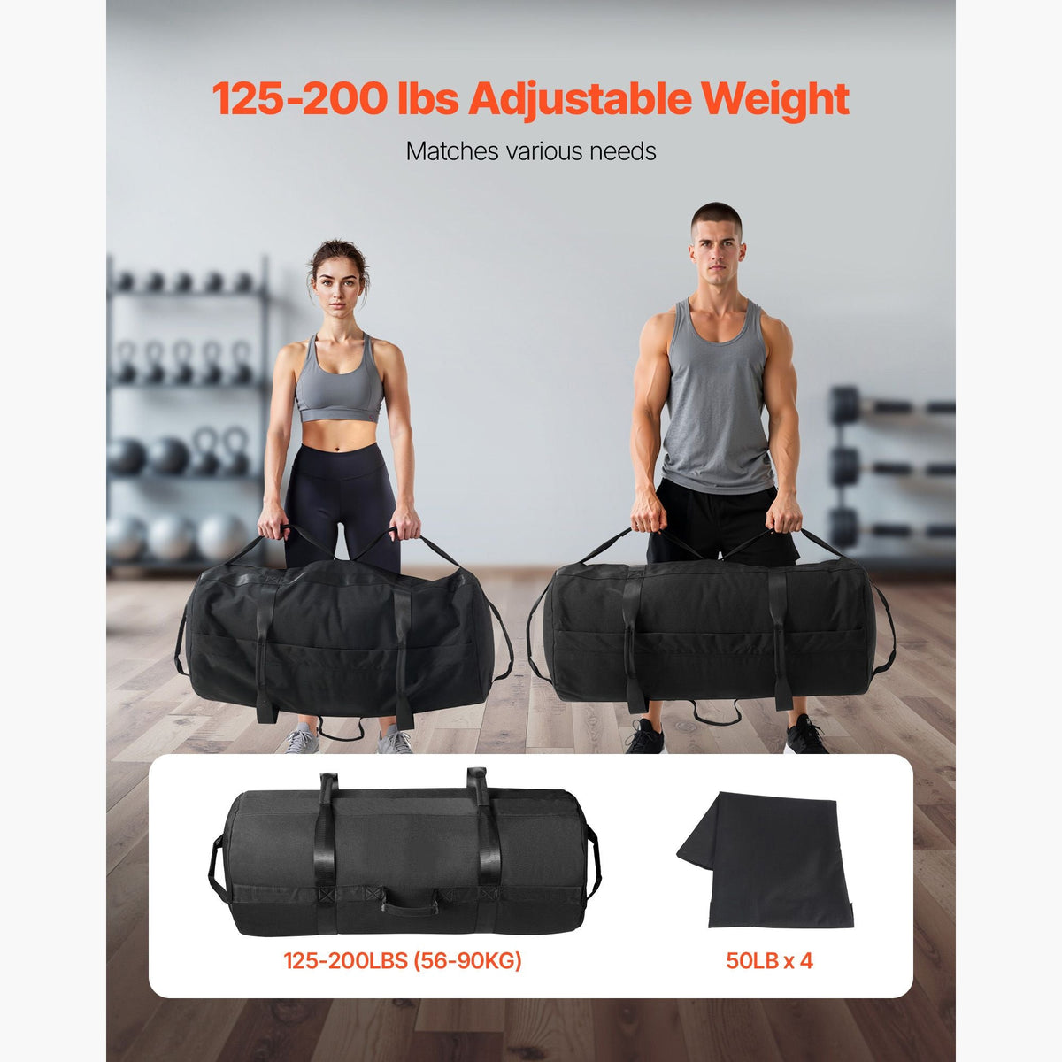 Workout Sandbag, Heavy Duty Workout Power Bags with Handles, 125-200 lbs Adjustable Slam Bag for Fitness Strength Weight Training Cross-Training, Home Gym Exercise, Black (Unfilled)