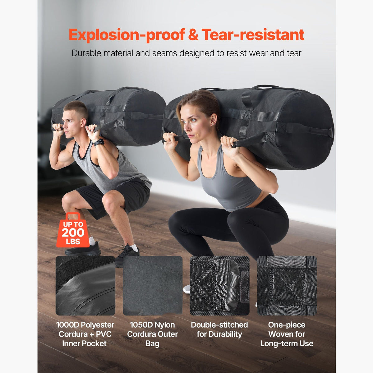 Workout Sandbag, Heavy Duty Workout Power Bags with Handles, 125-200 lbs Adjustable Slam Bag for Fitness Strength Weight Training Cross-Training, Home Gym Exercise, Black (Unfilled)