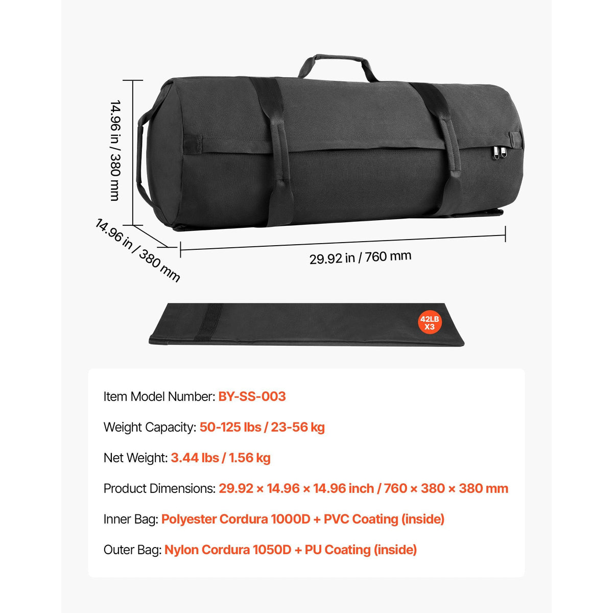 Workout Sandbag, Heavy Duty Workout Power Bags with Handles, 50-125 lbs Adjustable Slam Bag for Fitness Strength Weight Training Cross-Training, Home Gym Exercise, Black (Unfilled)