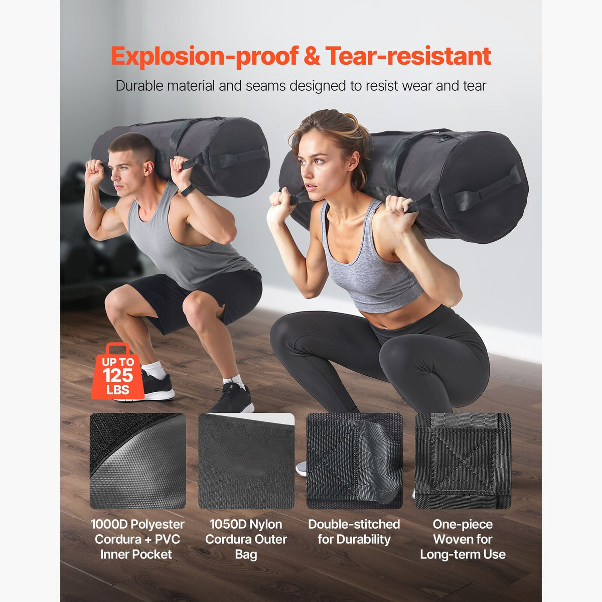 Workout Sandbag, Heavy Duty Workout Power Bags with Handles, 50-125 lbs Adjustable Slam Bag for Fitness Strength Weight Training Cross-Training, Home Gym Exercise, Black (Unfilled)