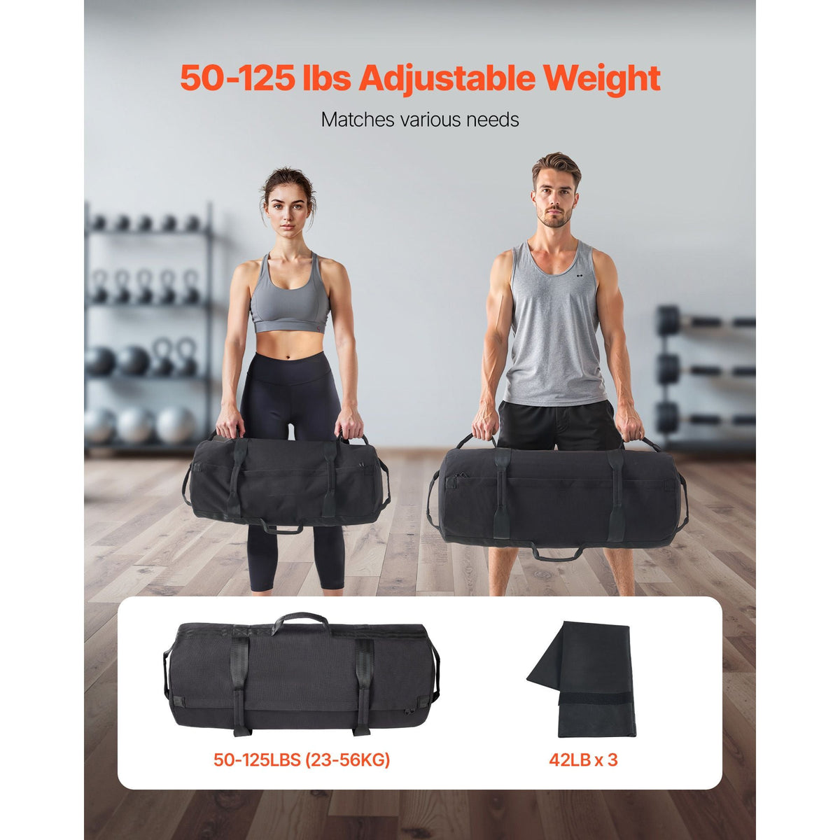 Workout Sandbag, Heavy Duty Workout Power Bags with Handles, 50-125 lbs Adjustable Slam Bag for Fitness Strength Weight Training Cross-Training, Home Gym Exercise, Black (Unfilled)