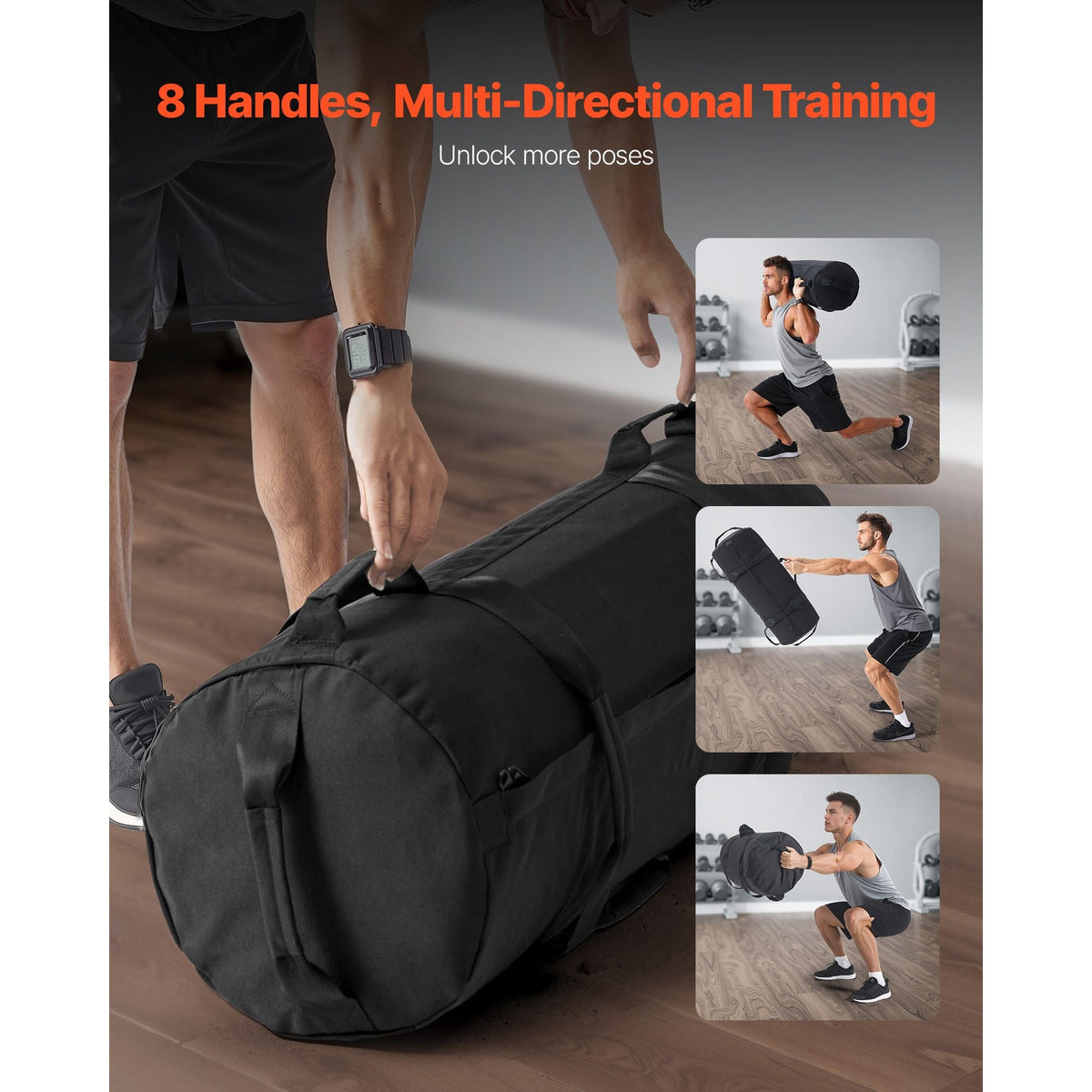 Workout Sandbag, Heavy Duty Workout Power Bags with Handles, 50-125 lbs Adjustable Slam Bag for Fitness Strength Weight Training Cross-Training, Home Gym Exercise, Black (Unfilled)