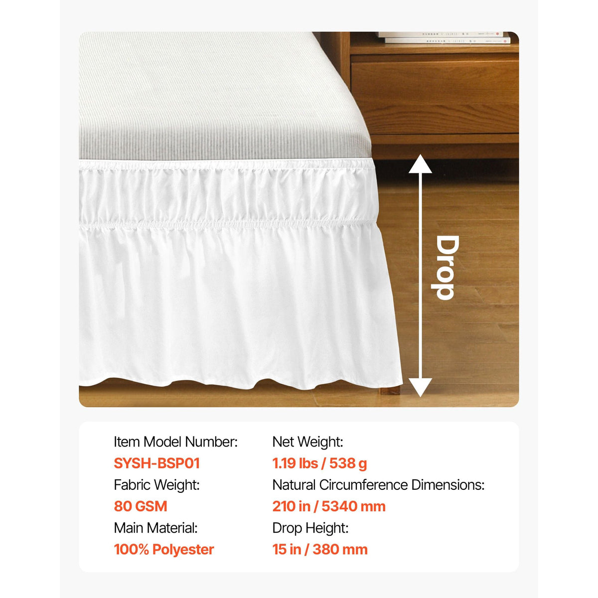 Wrap Around Bed Skirt, 15 in Drop, White Dust Ruffle Queen Size, Three Sides Adjustable Bedskirt with Easy Fit Elastic Strap, Wrinkle-Free & Fade-Resistant, Machine Washable, for Queen Size Bed