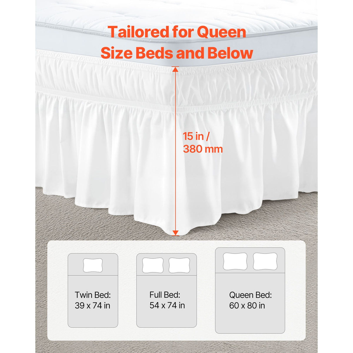 Wrap Around Bed Skirt, 15 in Drop, White Dust Ruffle Queen Size, Three Sides Adjustable Bedskirt with Easy Fit Elastic Strap, Wrinkle-Free & Fade-Resistant, Machine Washable, for Queen Size Bed