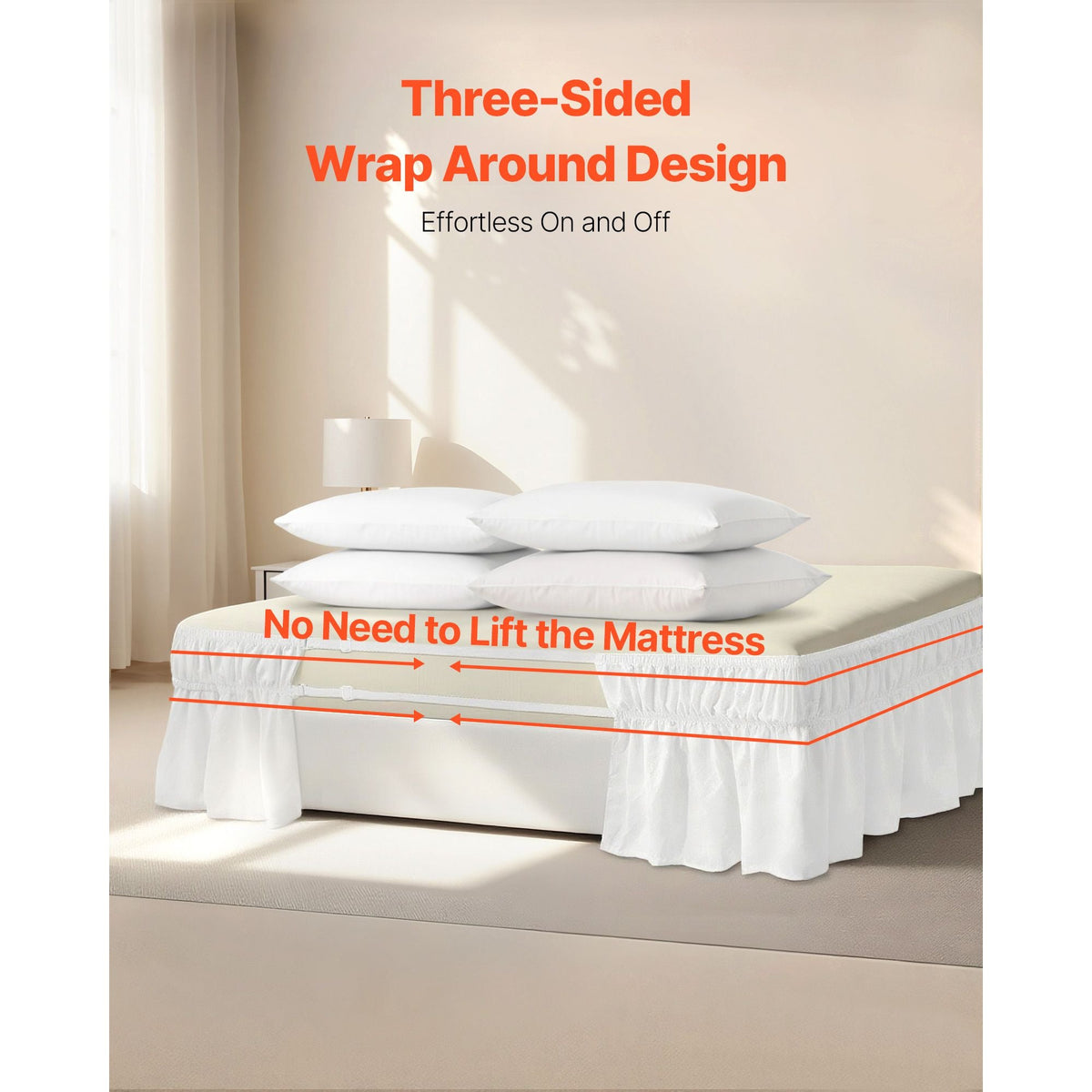 Wrap Around Bed Skirt, 15 in Drop, White Dust Ruffle Queen Size, Three Sides Adjustable Bedskirt with Easy Fit Elastic Strap, Wrinkle-Free & Fade-Resistant, Machine Washable, for Queen Size Bed