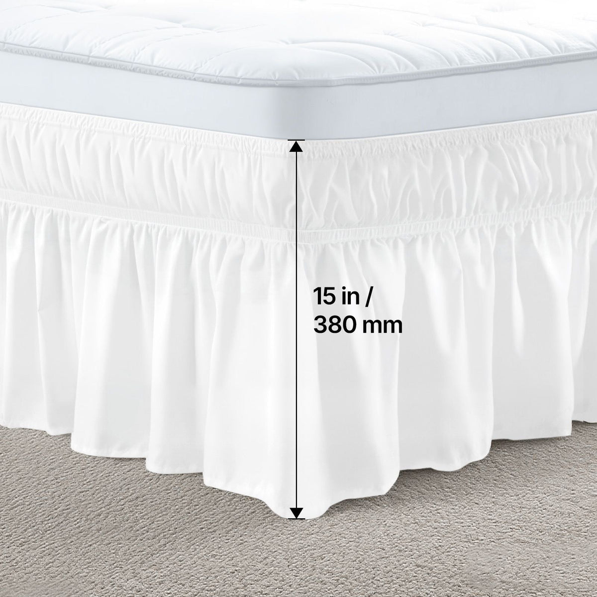 Wrap Around Bed Skirt, 15 in Drop, White Dust Ruffle Queen Size, Three Sides Adjustable Bedskirt with Easy Fit Elastic Strap, Wrinkle-Free & Fade-Resistant, Machine Washable, for Queen Size Bed