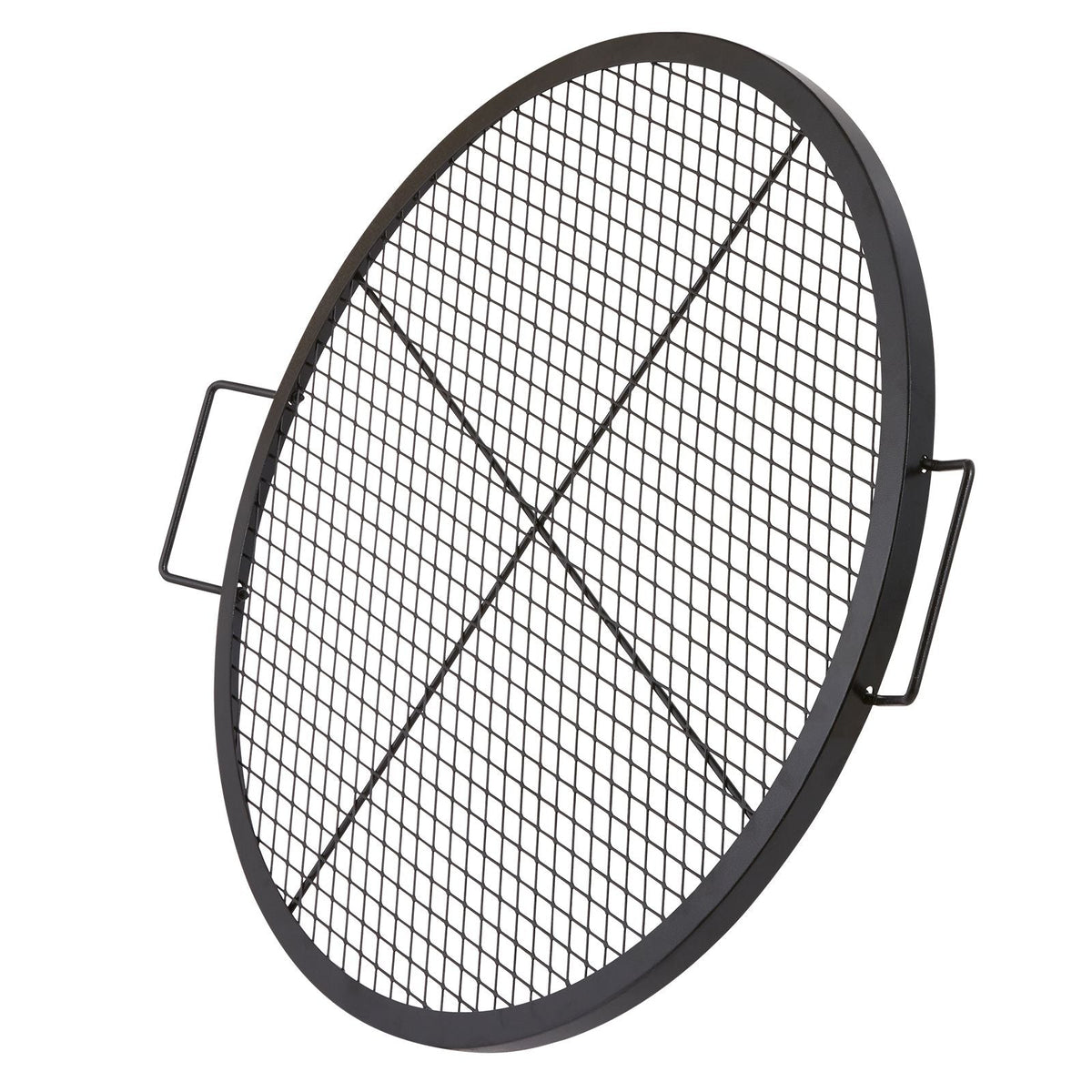 X-Marks Fire Pit Grill Grate, Round Cooking Grate, Heavy Duty Steel Campfire BBQ Grill Grid with Handle and Support X Wire, Portable Camping Cookware for Outside Party & Gathering, 30 Inch Black