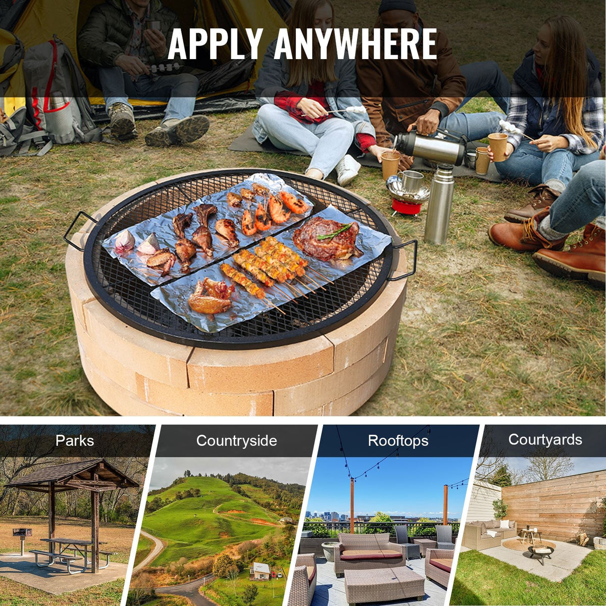 X-Marks Fire Pit Grill Grate, Round Cooking Grate, Heavy Duty Steel Campfire BBQ Grill Grid with Handle and Support X Wire, Portable Camping Cookware for Outside Party & Gathering, 36 Inch Black