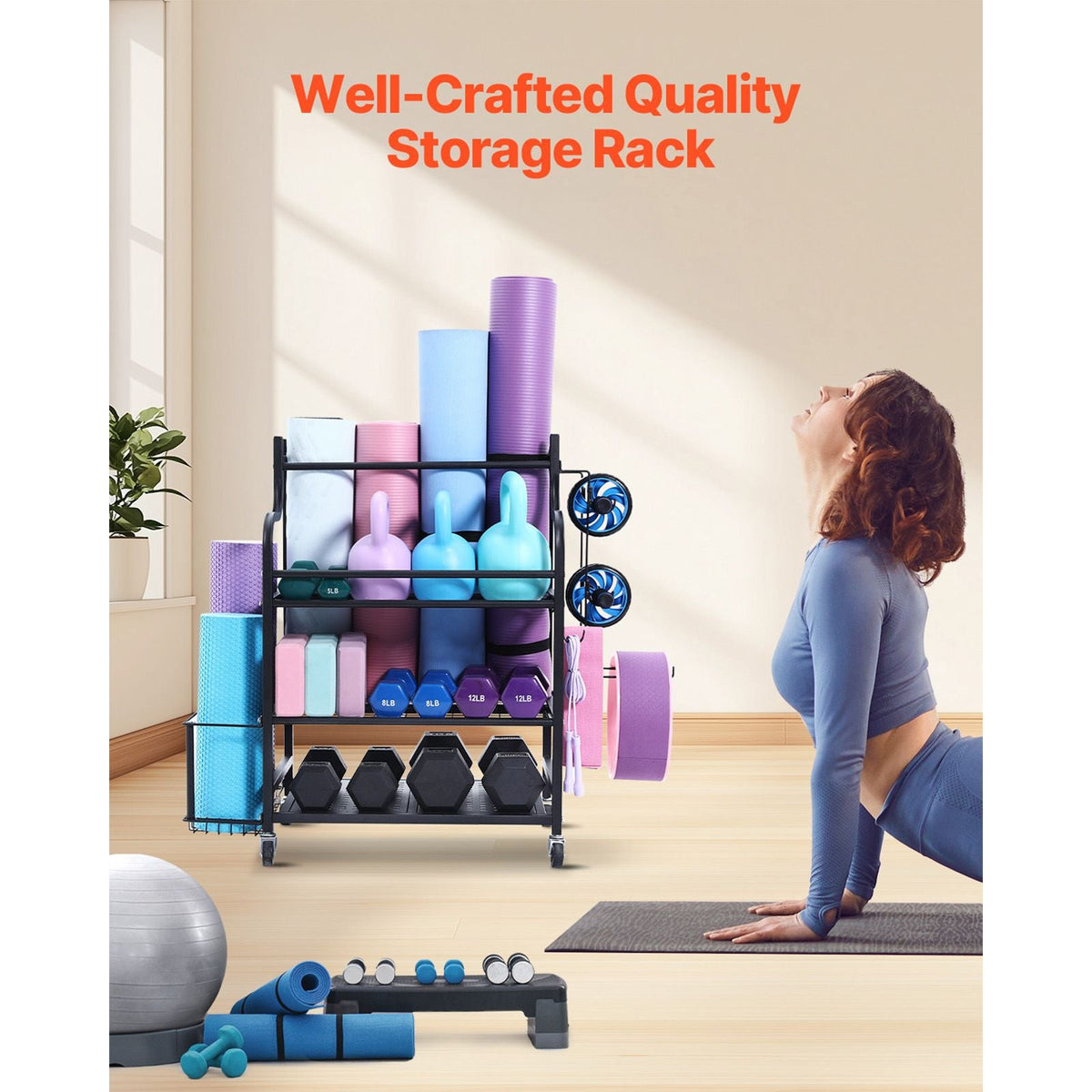 Yoga Mat Storage Rack, Home Gym Workout Equipment Organizer, Powder Coated Finish Steel Yoga Mat Holder with Hooks & Wheels, Weight Rack for Dumbbell, Kettlebell, Foam Roller, and Yoga Strap