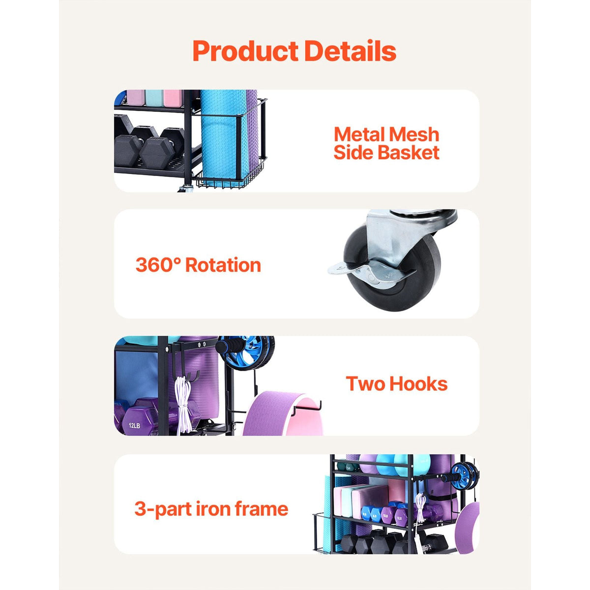 Yoga Mat Storage Rack, Home Gym Workout Equipment Organizer, Powder Coated Finish Steel Yoga Mat Holder with Hooks & Wheels, Weight Rack for Dumbbell, Kettlebell, Foam Roller, and Yoga Strap