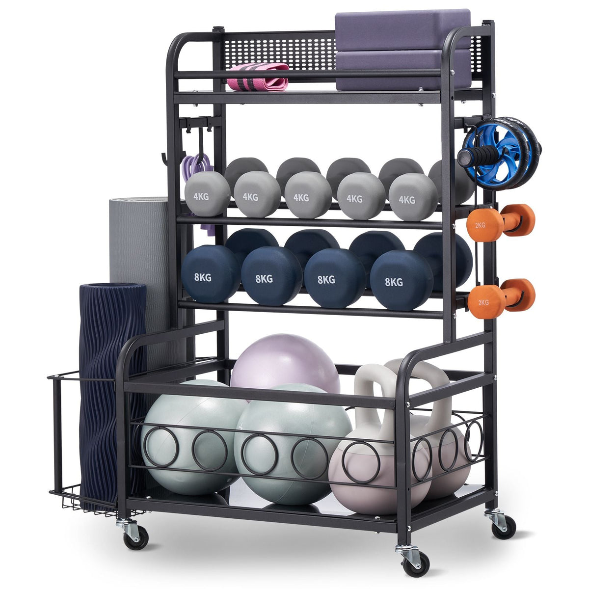 Yoga Mat Storage Rack, Home Gym Workout Equipment Organizer, Powder Coated Finish Steel Yoga Mat Holder with Hooks & Wheels, Weight Rack for Dumbbell, Kettlebell, Foam Roller, and Yoga Strap