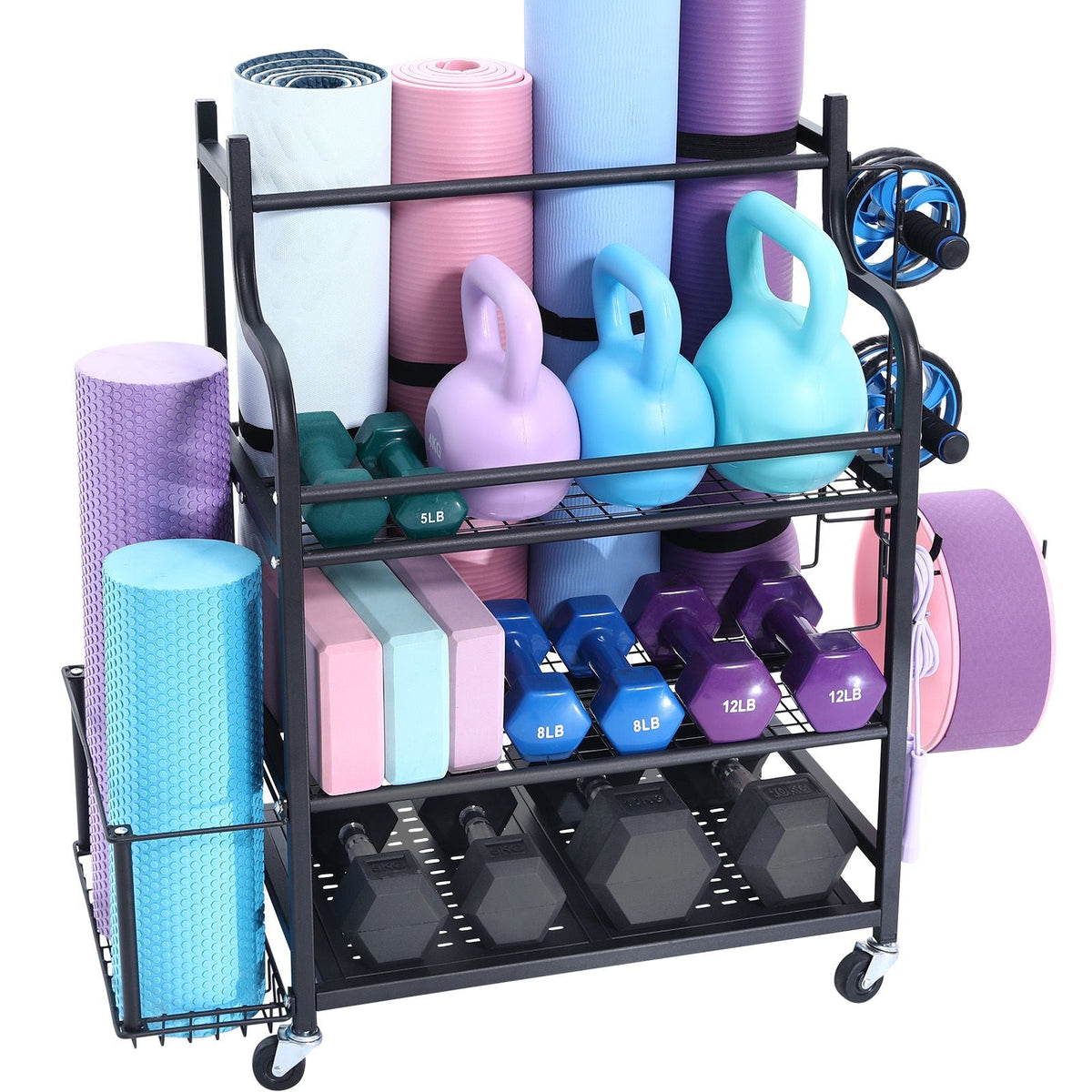 Yoga Mat Storage Rack, Home Gym Workout Equipment Organizer, Powder Coated Finish Steel Yoga Mat Holder with Hooks & Wheels, Weight Rack for Dumbbell, Kettlebell, Foam Roller, and Yoga Strap